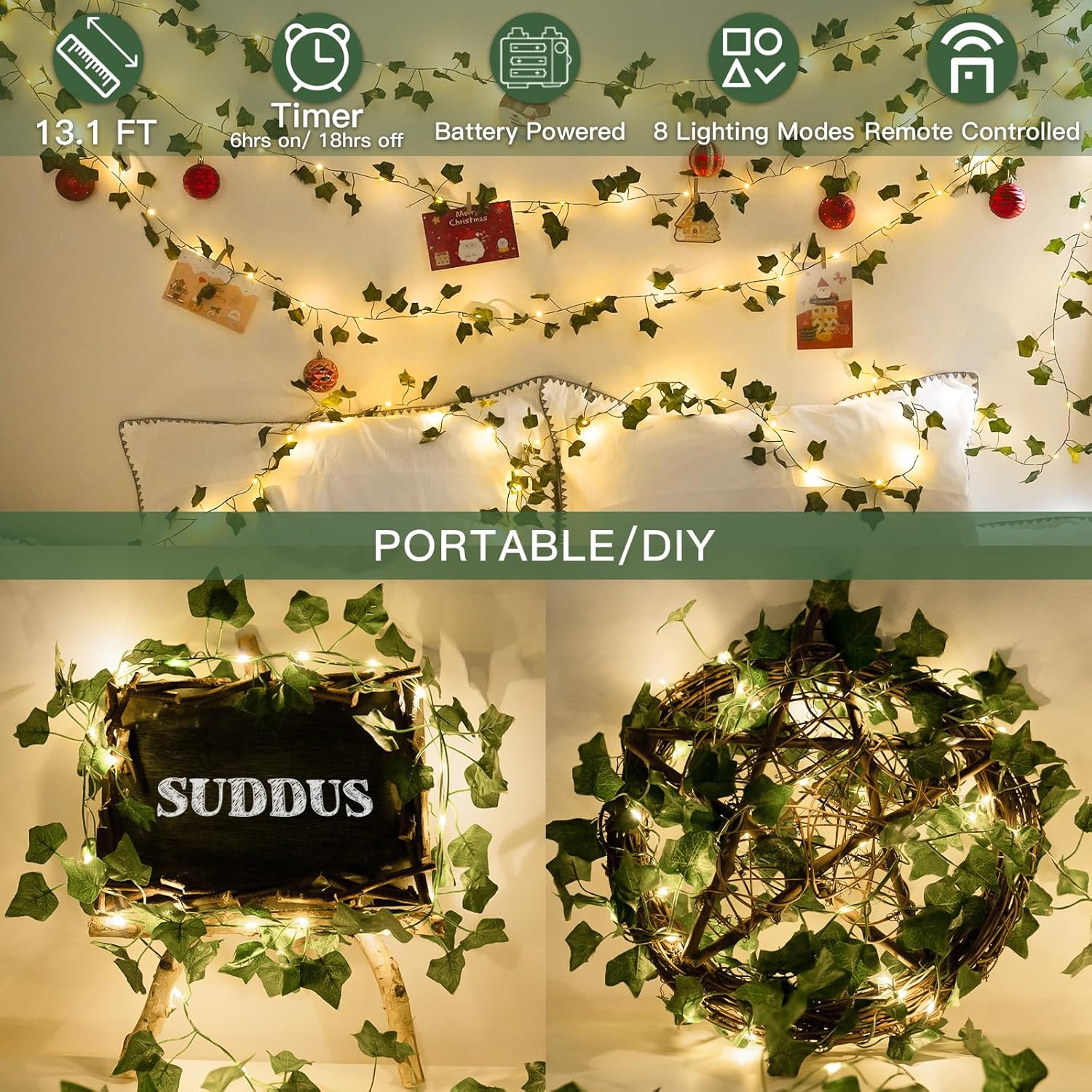 suddus Vine with Fairy Lights Battery Operated, 13.1ft 40 LED Ivy String Light with Remote, Leaf Lights for Bedroom, Room, Wall, Garden, Party, Wedding Decor (Warm White)