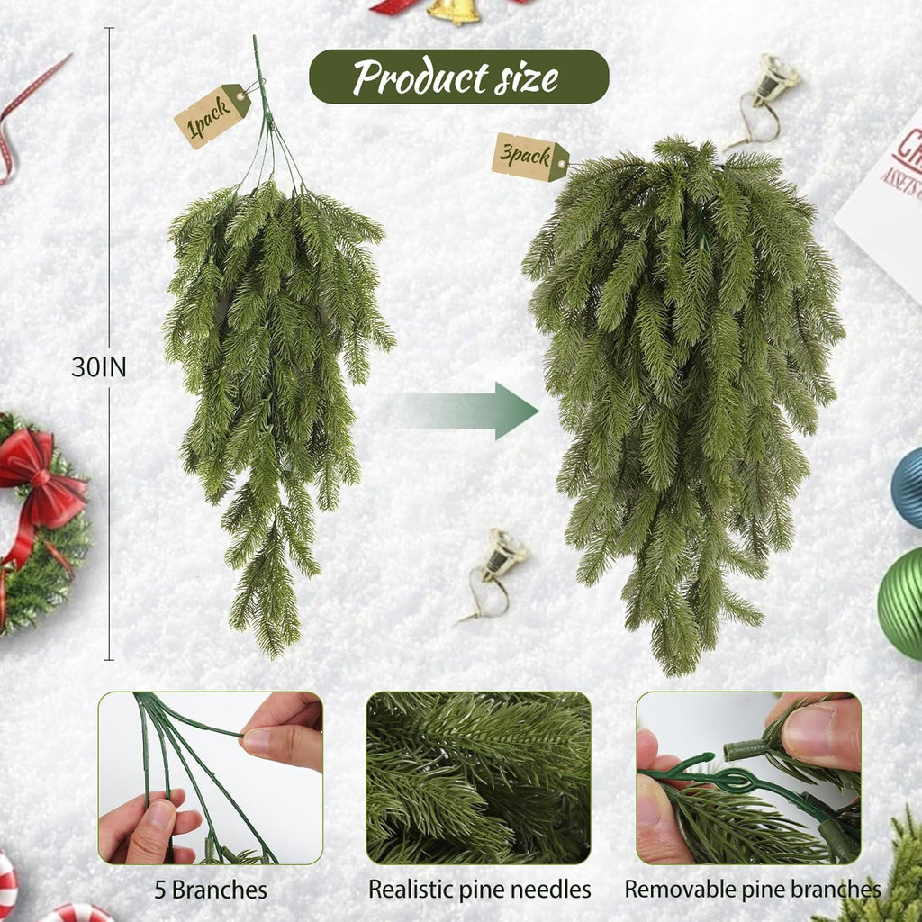 SJL Christmas Swags Stairway Swag, Hanging Teardrop Ornament Faux Winter Pine Wreath Christmas Pine Branches Outdoor Hanging Plants Winter Teardrop Wreath Holiday Decorations for Porch Yard(Green)