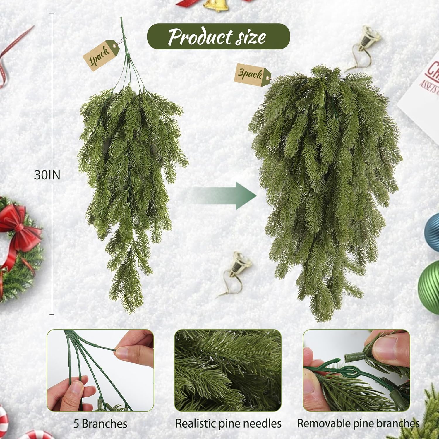 SJL Christmas Swags Stairway Swag, Hanging Teardrop Ornament Faux Winter Pine Wreath Christmas Pine Branches Outdoor Hanging Plants Winter Teardrop Wreath Holiday Decorations for Porch Yard(Green)