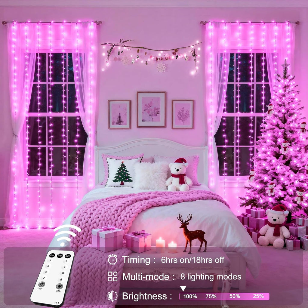JMEXSUSS 300 LED Curtain Lights Plug in with Remote, 9.8X9.8FT Pink Christmas Lights Indoor, 8 Modes Pink String Lights for Bedroom Window Wall Party Backdrop Xmas Valentine Decorations