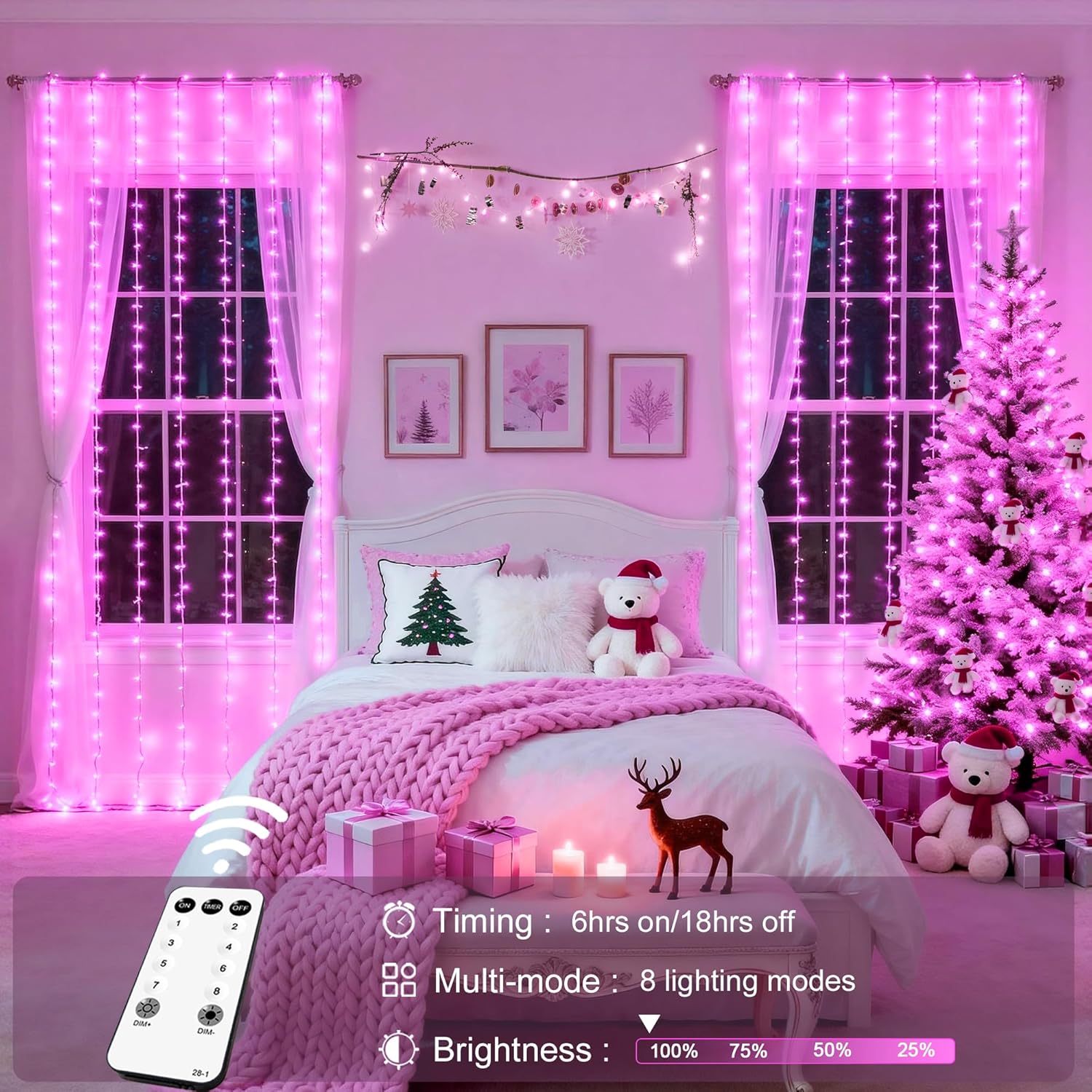 JMEXSUSS 300 LED Curtain Lights Plug in with Remote, 9.8X9.8FT Pink Christmas Lights Indoor, 8 Modes Pink String Lights for Bedroom Window Wall Party Backdrop Xmas Valentine Decorations