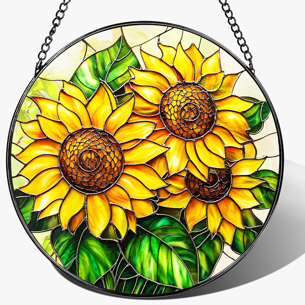 Sunflower Stained Glass Suncatcher, 8 Inch Sun Catchers Indoor Window, Stained Glass Window Hanging, Windows Dedor and Christmas, Mother's Day, Birthday, Gifts for Women Mom, Idea Gift, Gift Exchange