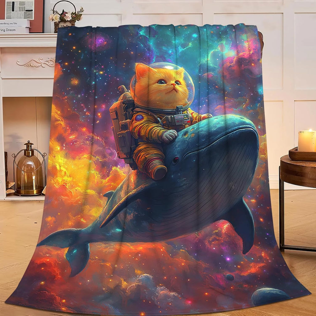 Funny Cat Throw Blanket Universe Space Whale Cat Stuff Gifts for Kids Girls Boys Adults Women Men Soft Cozy Warm Plush Fluffy Fuzzy Fleece Blanket Decor 50''X60''
