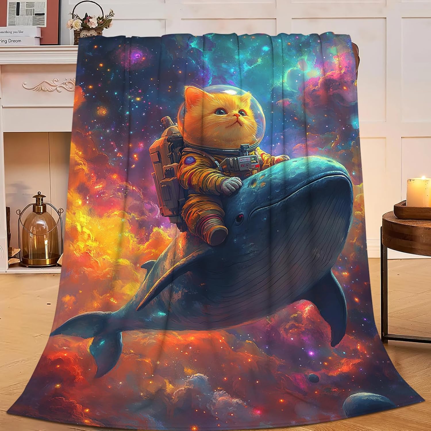 Funny Cat Throw Blanket Universe Space Whale Cat Stuff Gifts for Kids Girls Boys Adults Women Men Soft Cozy Warm Plush Fluffy Fuzzy Fleece Blanket Decor 40''X50''