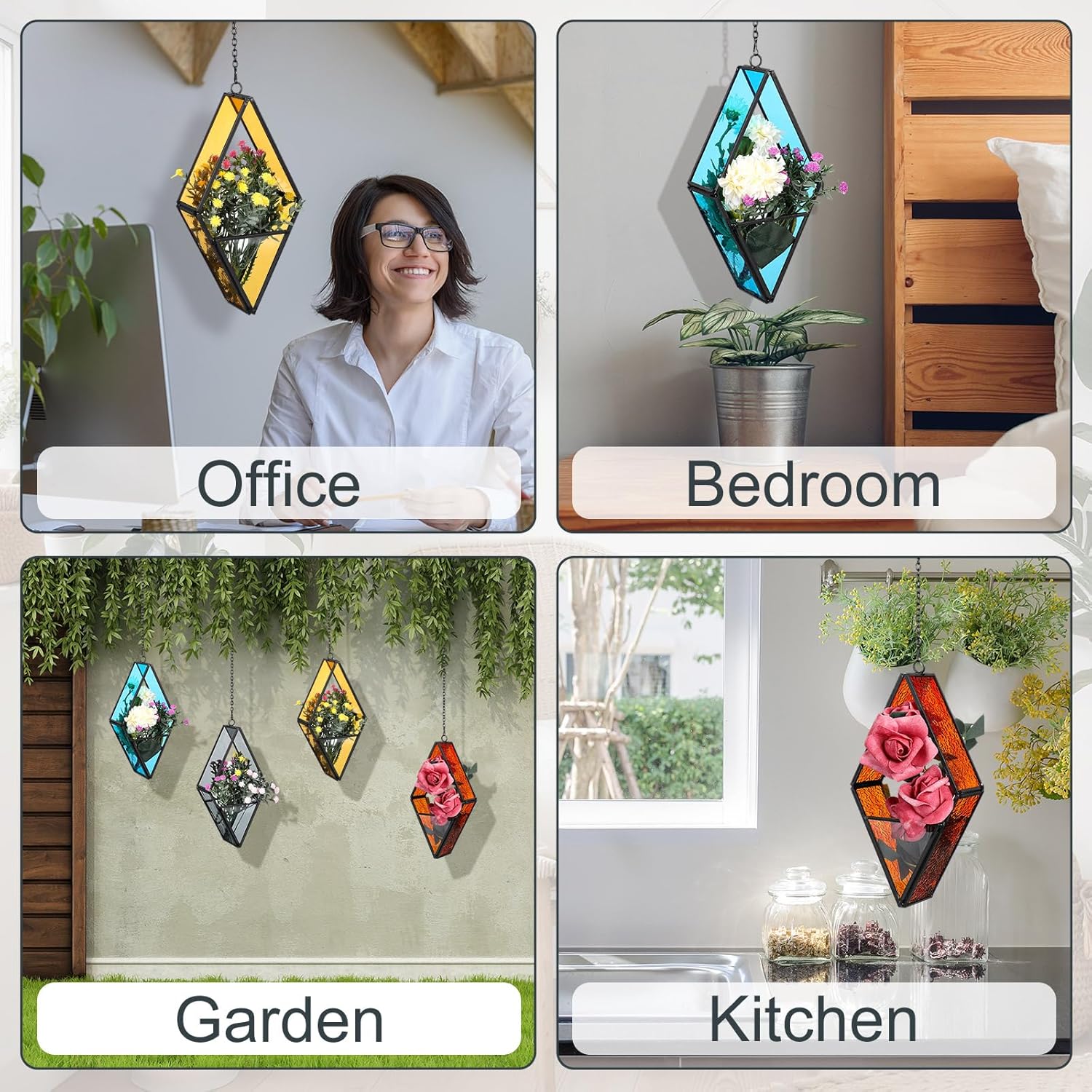 Hushee 4 Pcs Stained Glass Hanging Plant Terrariums Hanging Glass Planter Air Plant Holders with Chain for Window Christmas Home Decor Gifts for Mom Women, 7.87 x 3.94 x 1.97 Inch(Cute Color)
