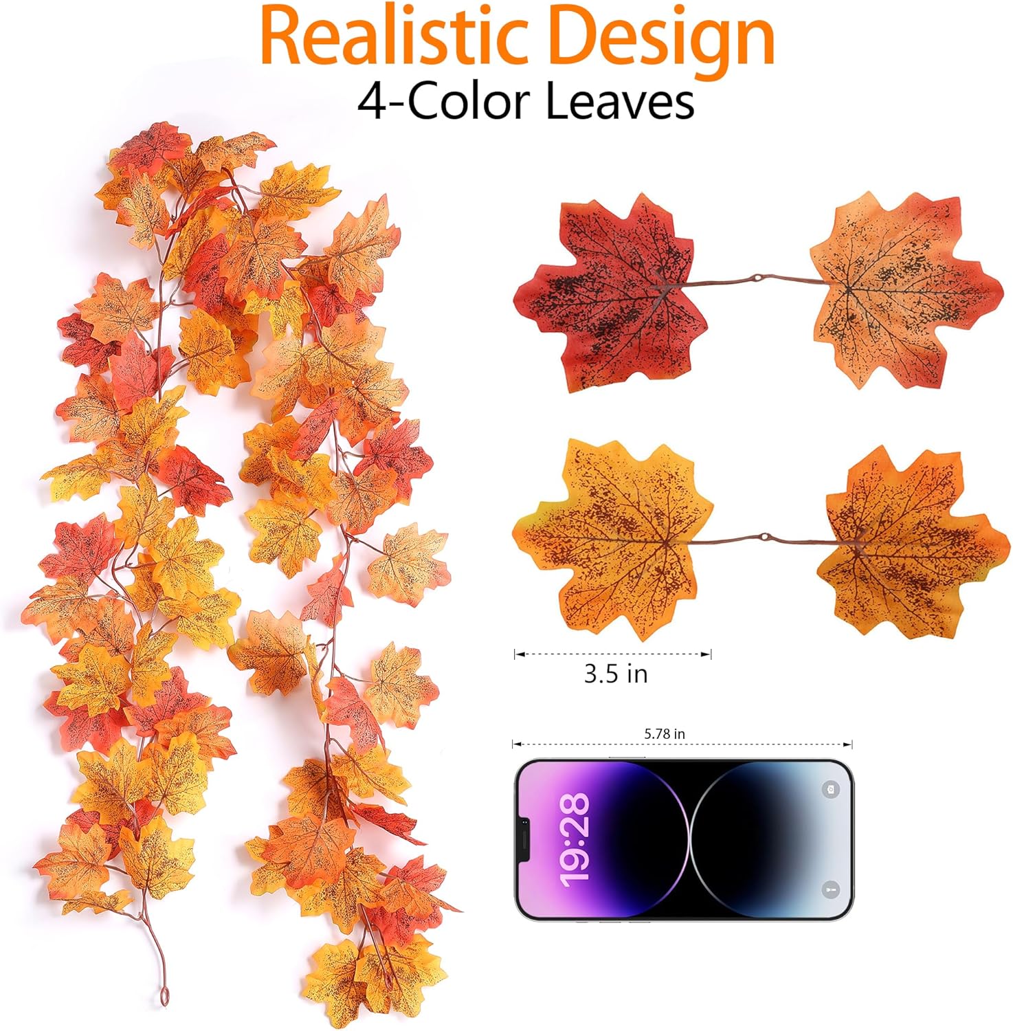Fall Leaves Garland Maple Leaf, 2 Pack Fake Hanging Vines for Bedroom Wedding Thanksgiving Christmas Decorations, Fireplace Wall Outdoor Front Porch Autumn Decor-Orange