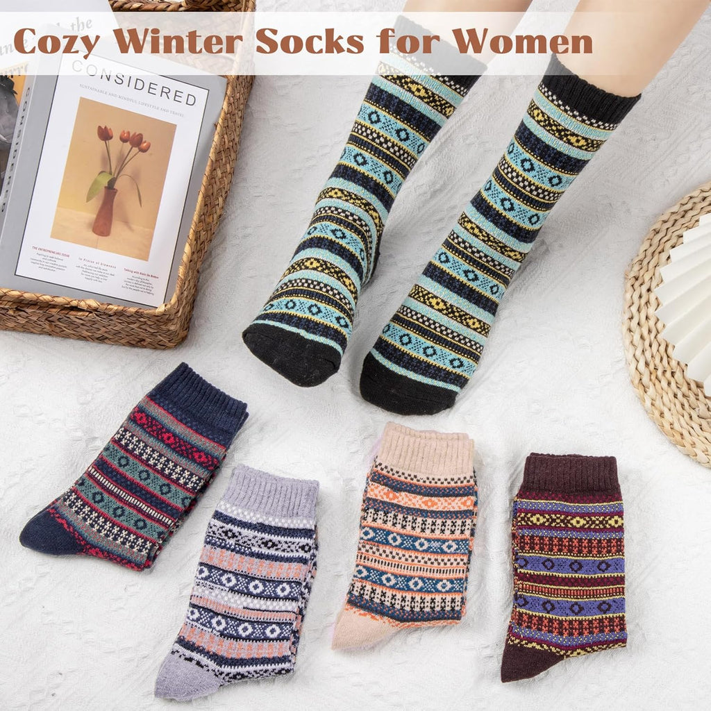 Justay 5 Pairs Wool Socks for Women - Winter Thick Boot Cozy Crew Vintage Soft Calf Knit Warm Socks Gifts