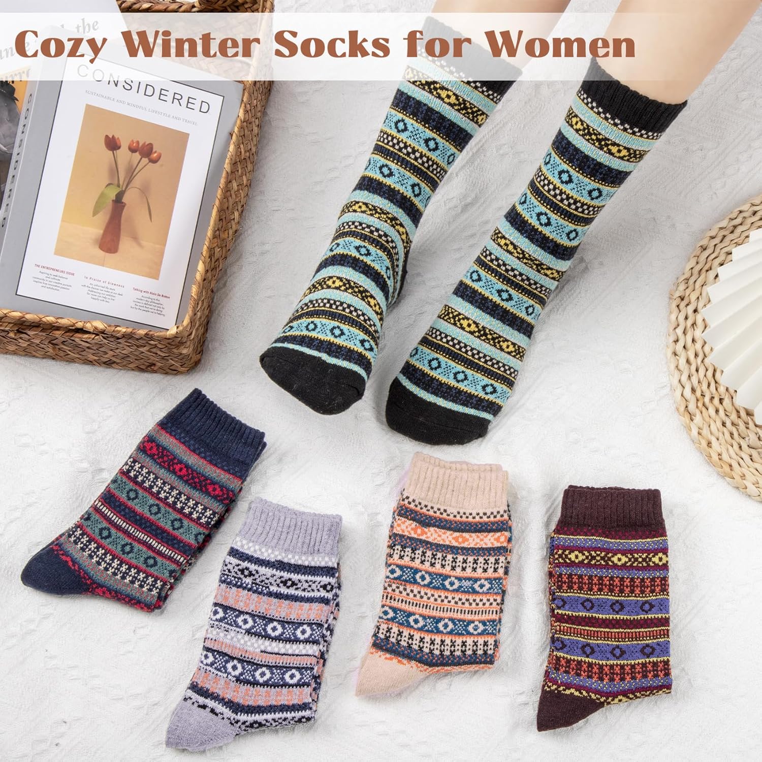 Justay 5 Pairs Wool Socks for Women - Winter Thick Boot Cozy Crew Vintage Soft Calf Knit Warm Socks Gifts