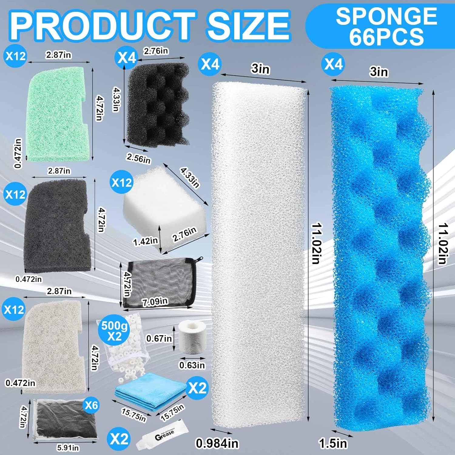 68 Pcs Canister Filter Media Kit Compatible with Fluval 406/407 Filter Media, Including Mesh Bags, 2 Packs of Ceramic Rings (500g Each), Quick Clear Foam, Nitrite/Phosphate/Ammonia Remover