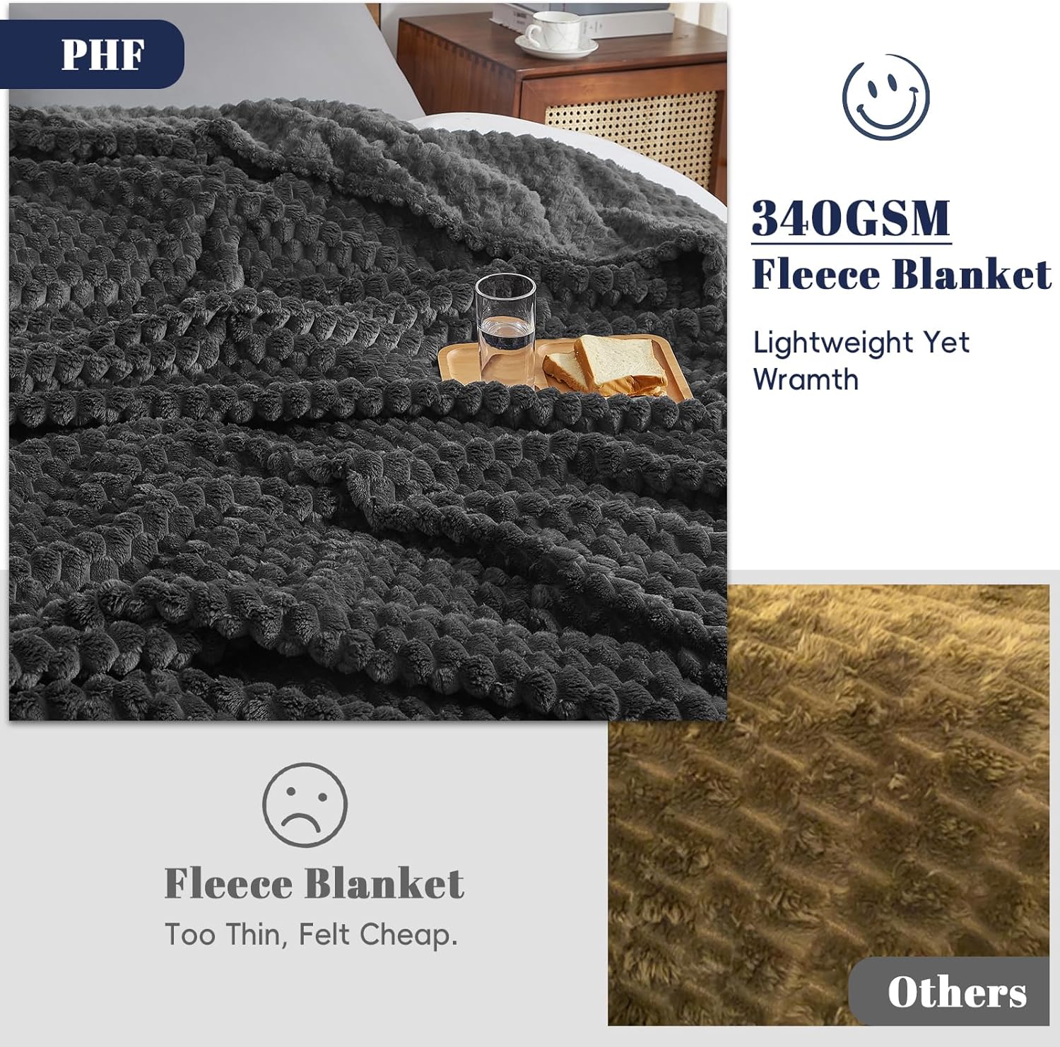 PHF Ultra Soft Flannel Fleece Blanket Queen Size, Lightweight 3D Jacquard Fleece Blanket, No Shedding, No Pilling, Luxury 340GSM Aesthetic Fluffy Cozy for Bed Room Decor, 90"x90", Dark Grey