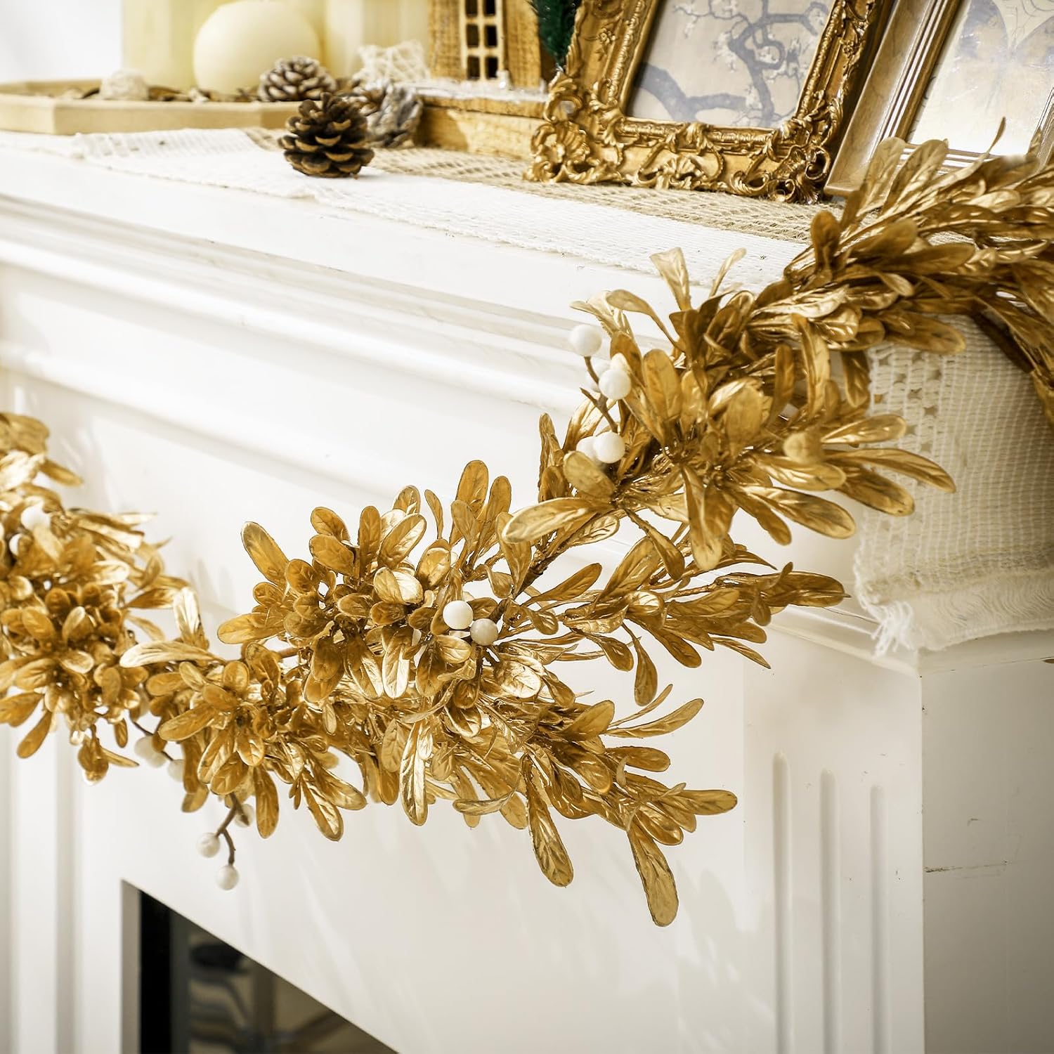Dingion 12ft Christmas Gold Boxwood Leaf Garland Artificial Leaf Garland with Pearl White Berry for Christmas Fireplace Front Door Stairs Decoration Winter Engagement Birthday Wedding Party Supplies