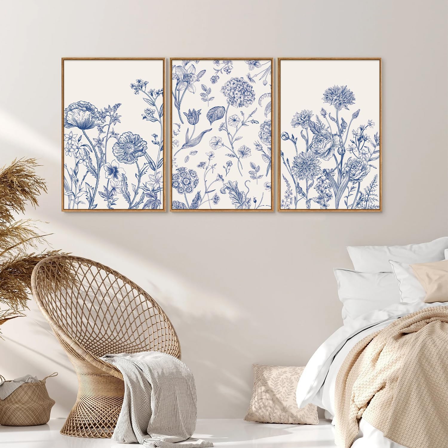 Tinonedraw Large Classic Chinoiserie Flower Framed Canvas Wall Art Set, Navy Blue and White Floral Wall Decor, Minimalist Neutral Botanical Art Printing for Living Room Bedroom Office Dorm 24"x36"x3
