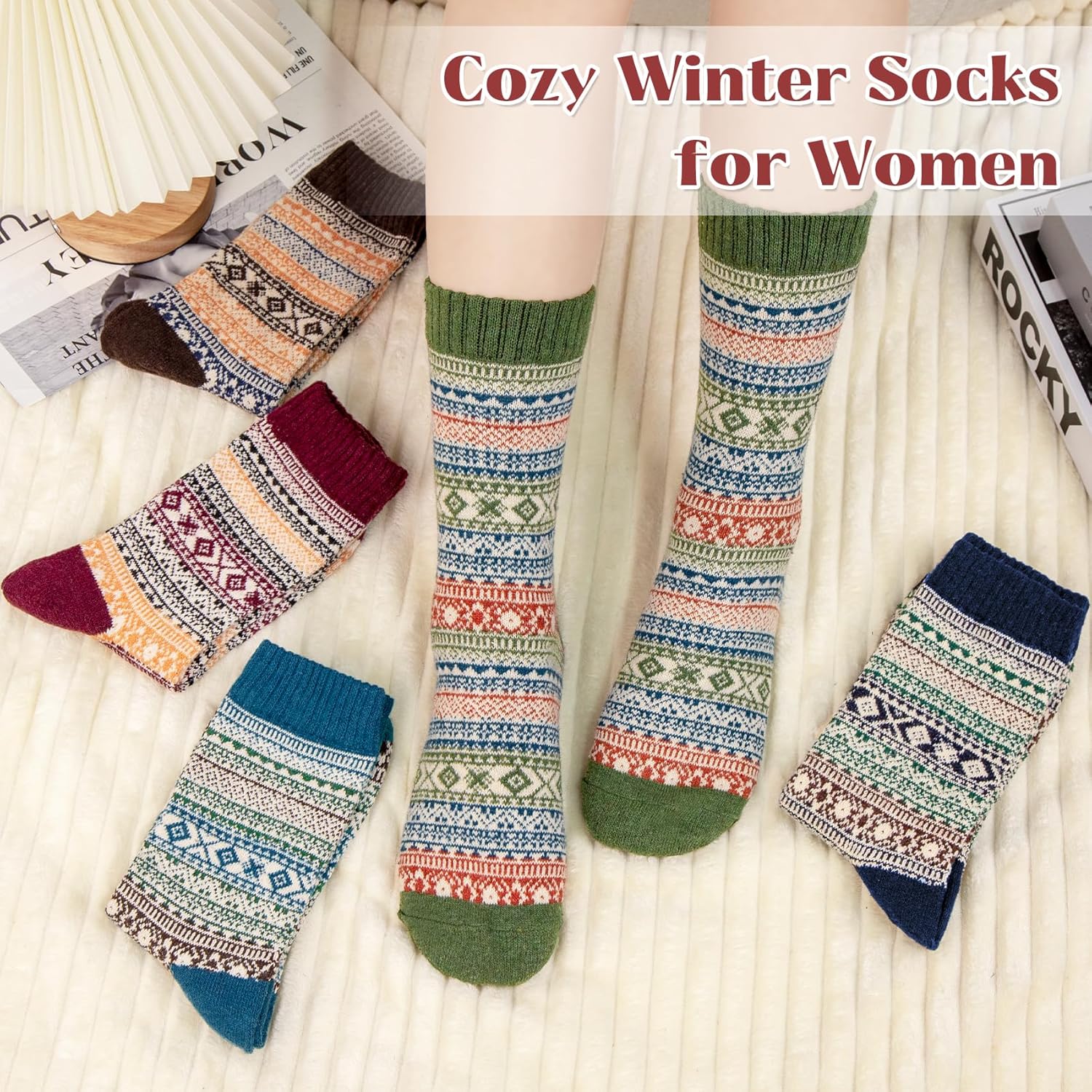 Justay 5 Pairs Wool Socks for Women - Winter Thick Boot Cozy Crew Vintage Soft Calf Knit Warm Socks Gifts