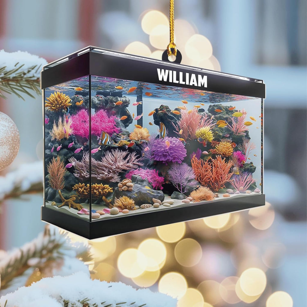 Personalized Aquarium Christmas Ornament - Custom 2D Flat Acrylic Marine Reef Decoration with Name, Stunning Ocean Life Design Gift for Saltwater Enthusiasts