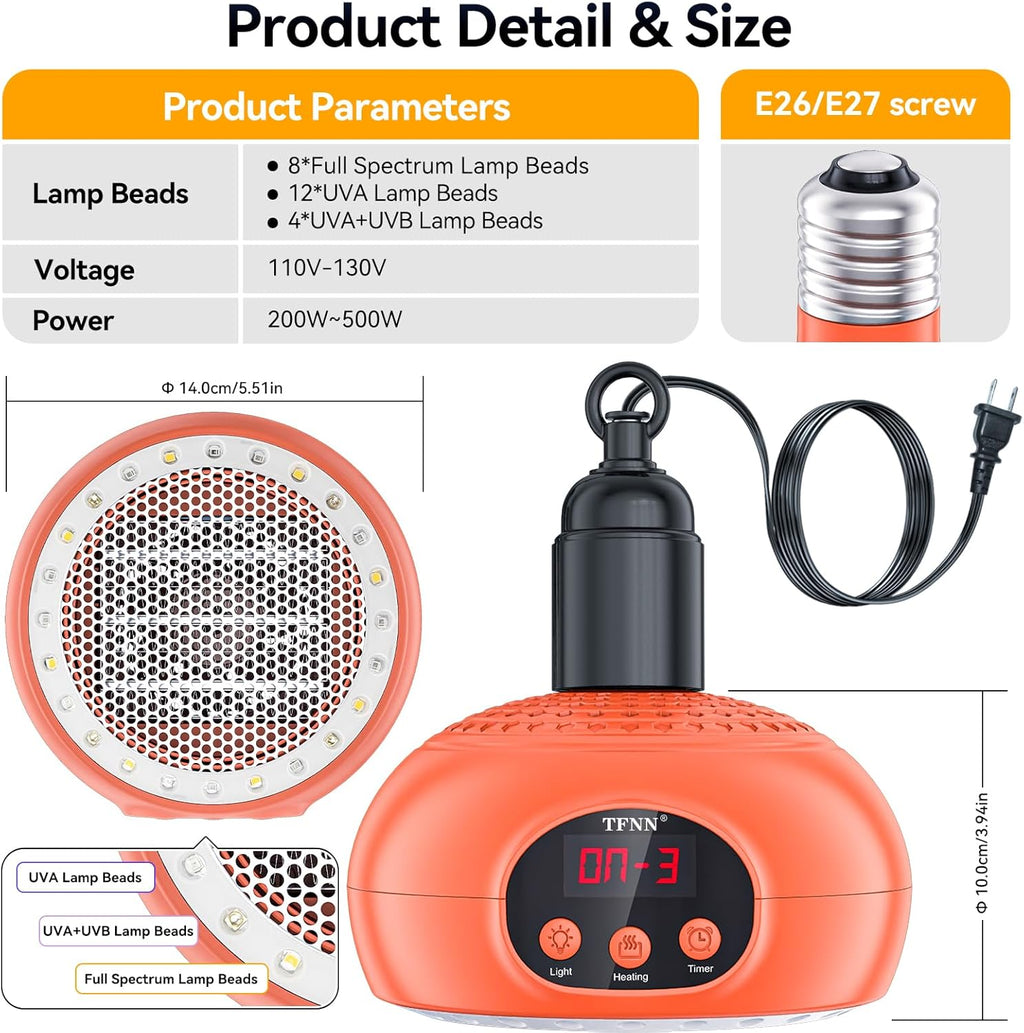 Chicken Coop Heater Lamps,200W-350W-500W Reptile Heating Lamp Upgraded with UVA UVB Ligh 3-6-9-12H Timer,Protable Greenhouse Heater for Outdoor Chicken Coop for Reptile Rabbits Dog Cats (Orange)