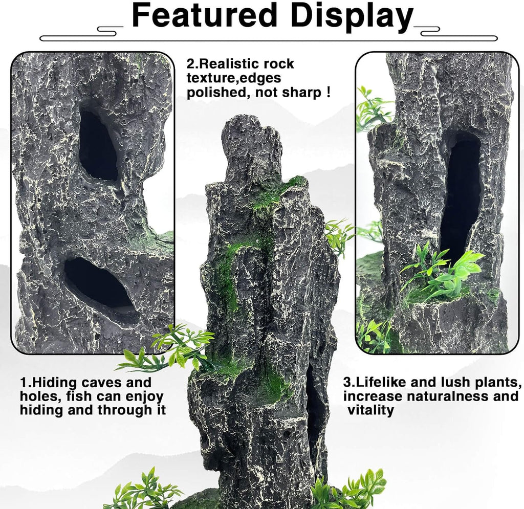 Aquarium Mountain View Stone Ornament Tree Rock Cave Aquarium Decorations Large and Tall Extra Large Aquarium Decorations for Fish Tank Decorations for Fish Tank - 14 Inches High