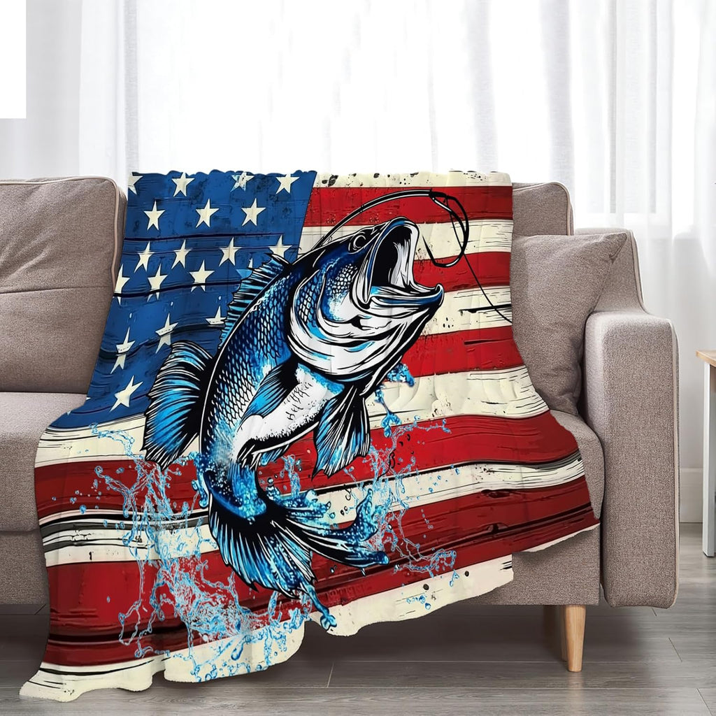 Bass Fish Blanket American Flag Fishing Throw Blankets Gifts for Girls Boys Kids Fishing Lover Soft Cozy Fleece Plush for Couch Sofa Bed 60"x50"