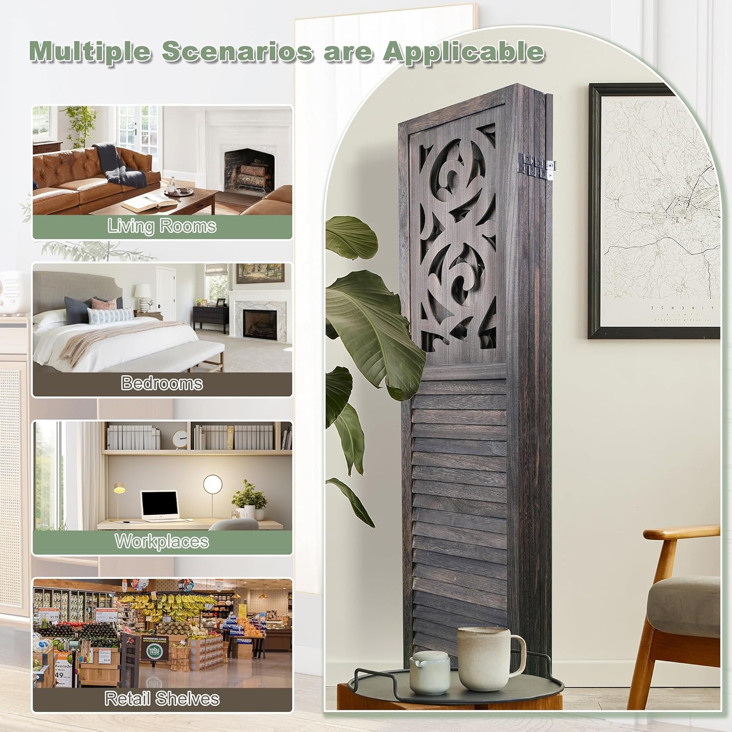 6 Panel Room Dividers 6FT Wall Divider Carved Wood Room Separator Folding Privacy Screens Cutout Design Foldable Partition Wall for Office Restaurant, Studio Apartment, Rustic Brown