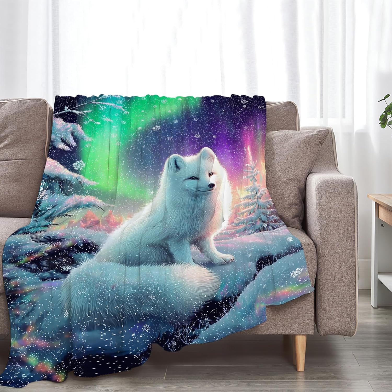 White Fox Blanket Winter Aurora Night Animal Throw Blankets Gifts for Girls Boys Kids Fox Lover Soft Cozy Fleece Plush for Couch Sofa Bed 80"x60"