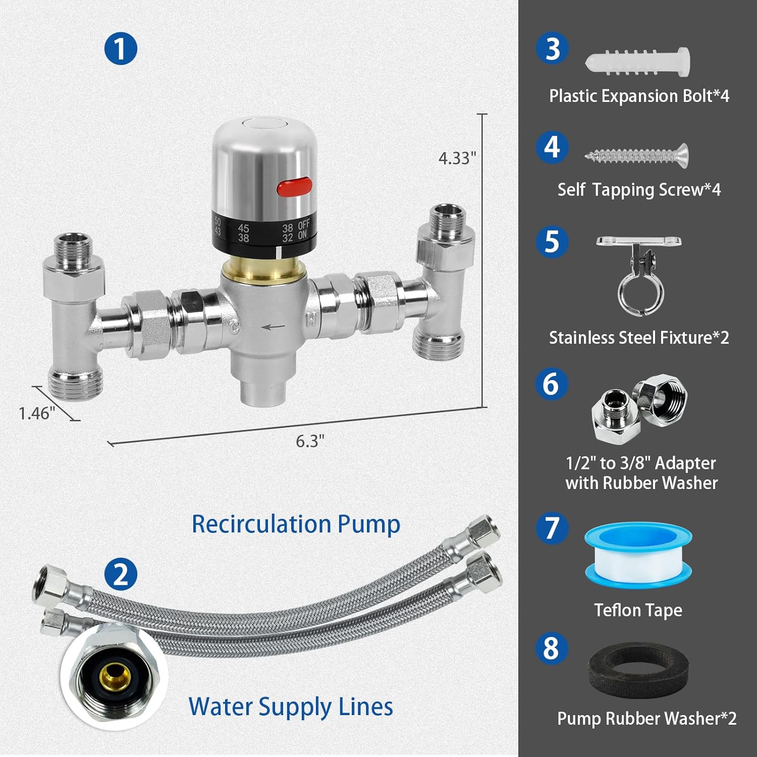 WASSERMANN Adjustable Temperature Sensor Valve Kit for Instant Hot Water Recirculating System，304 Stainless Steel Bypass Sensor Valve Replacement for the Plastic Sensor Valve