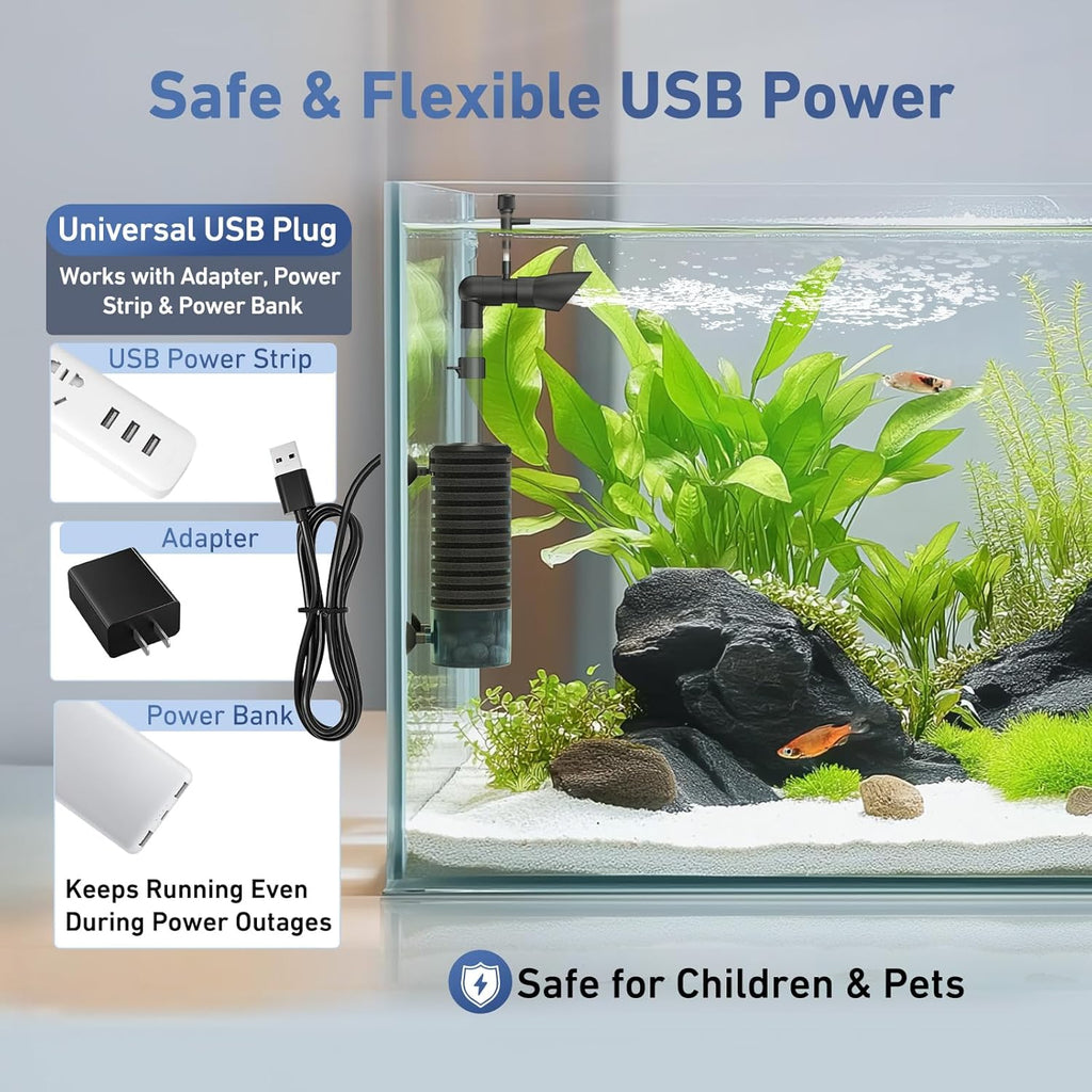 AQQA USB Aquarium Filter DC 5V Whisper Fish Tank Sponge Filter Triple Filtration with Bio Media & Fluidized Bed Adjustable Flow Filter for Up to 26 Gal Freshwater or Saltwater Aquariums (3W 66GPH)