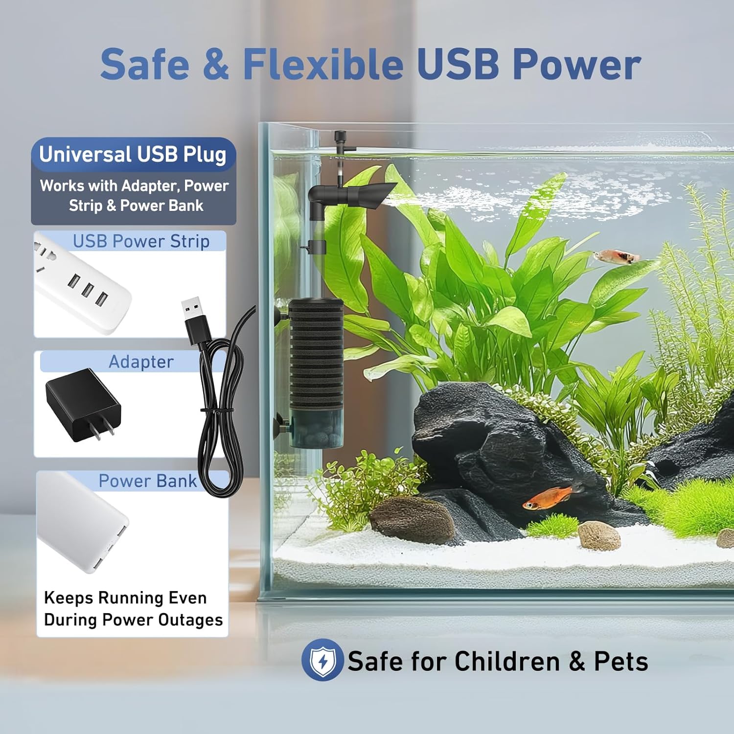 AQQA USB Aquarium Filter DC 5V Whisper Fish Tank Sponge Filter Triple Filtration with Bio Media & Fluidized Bed Adjustable Flow Filter for Up to 26 Gal Freshwater or Saltwater Aquariums (3W 66GPH)