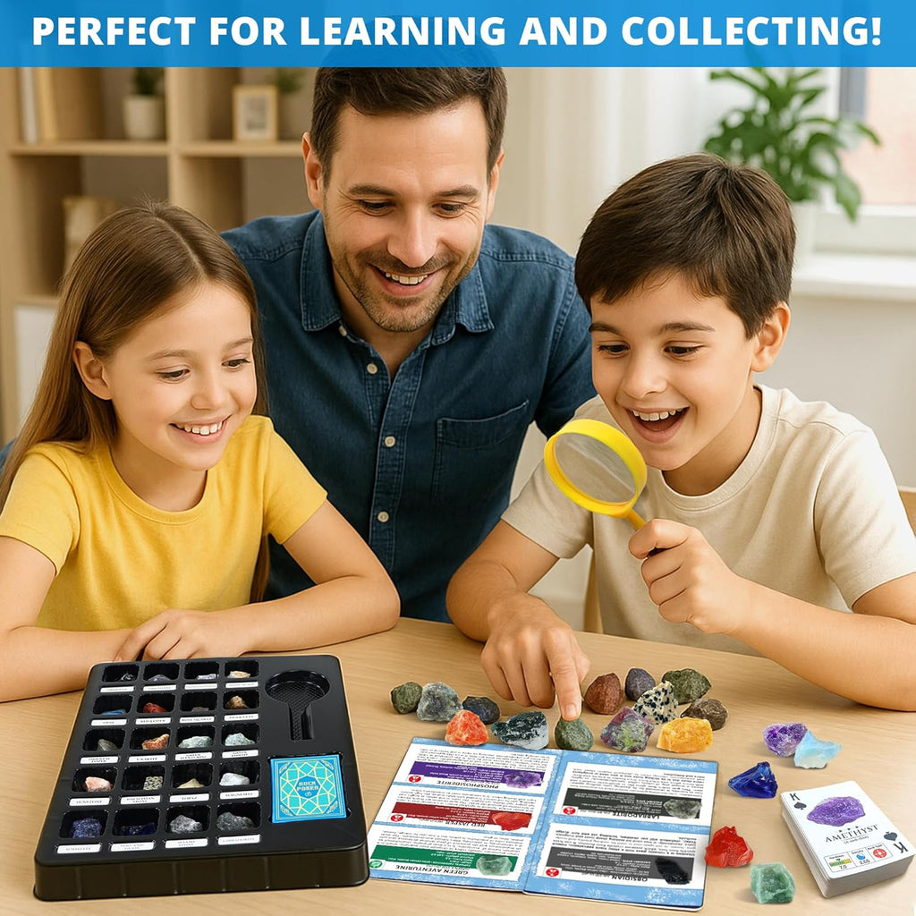 Jumbo Rock Collection Kit - 20 Pcs Large Unpolished Rocks, Minerals & Crystals (1.5-2 inch) with 54 Game Cards, Learning Book, Collector Box & Magnifier - Educational Rock Lover Gift for Kids 6+