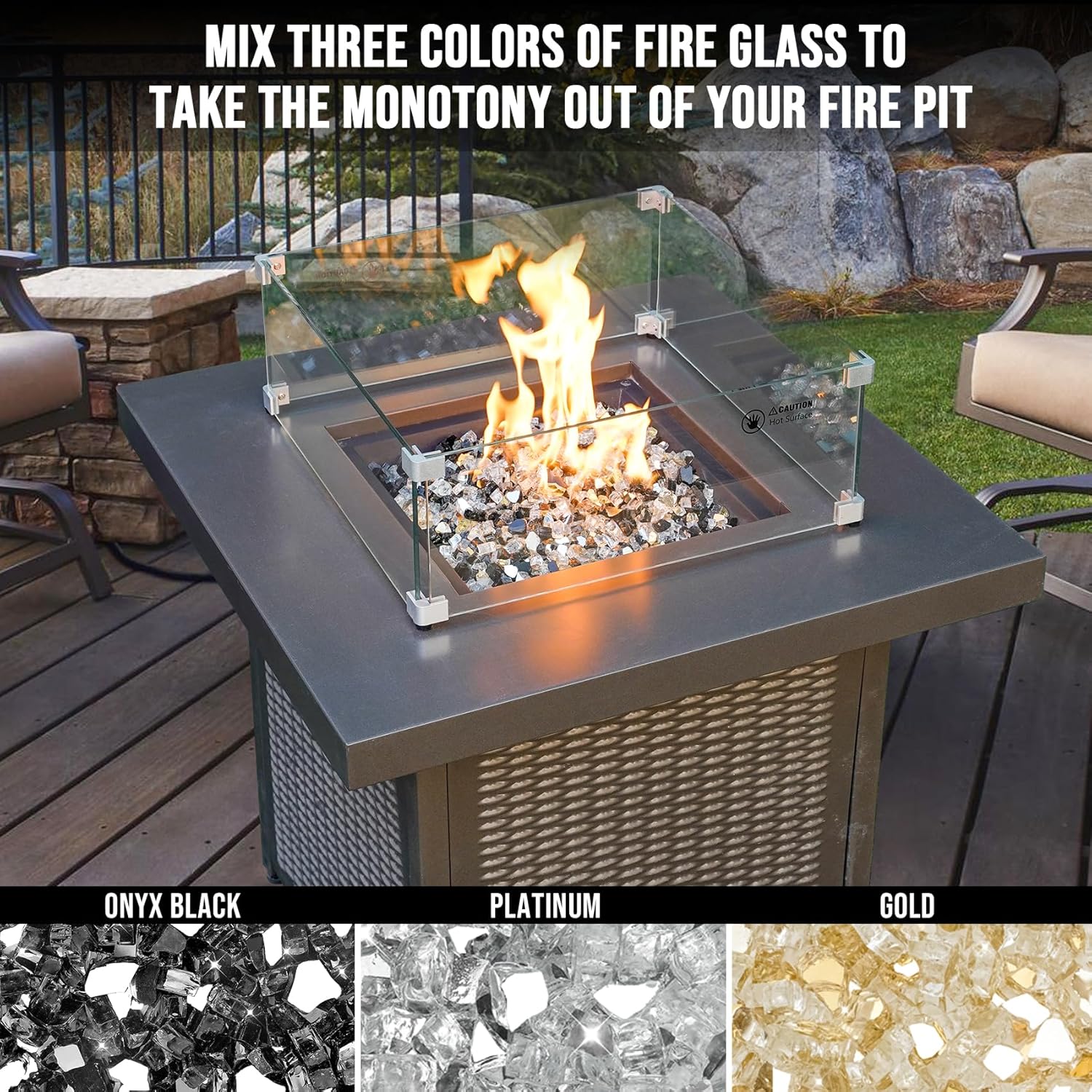 Skyflame 10-Pound Blended Fire Glass for Fire Pit Fireplace Landscaping - 1/2 Inch Reflective Tempered Fireglass Onyx Black, Platinum, Gold