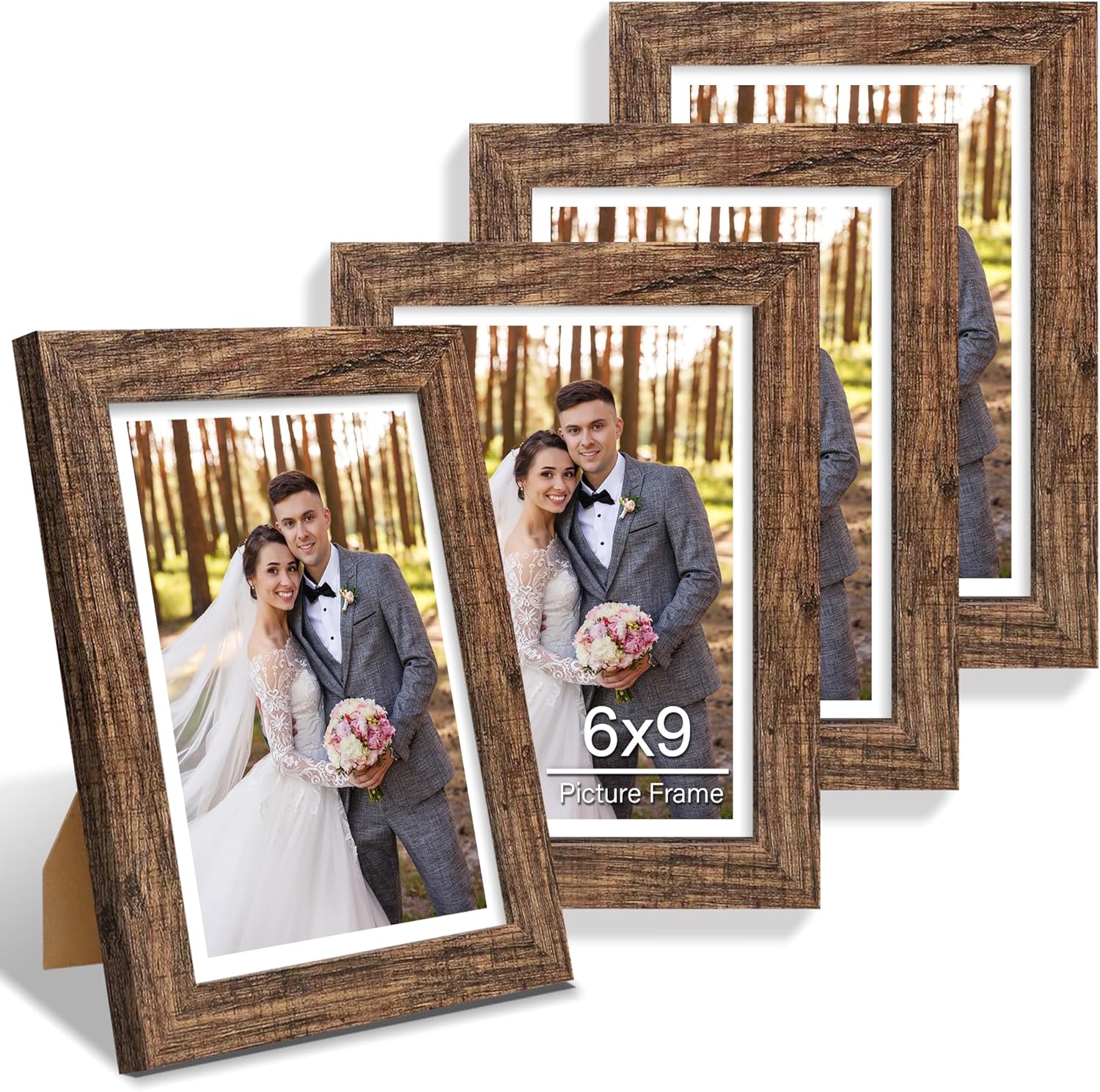 6x9 Picture Frame Set of 4, Made of Real Glass and Rustic Brown Wooden Frame - 6 by 9 Photo for Wall or Tabletop Display