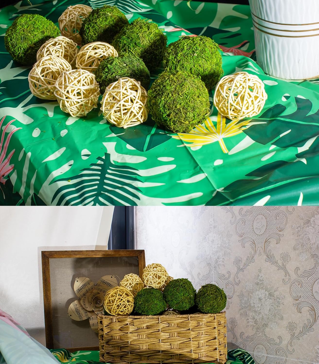 22 Pack Moss Balls 8pcs 3.2"/ 2.3" and Wicker Rattan Balls 6pcs 2.2" for Bowls Decorative Balls Filler for Centerpiece Home Tabel Decor