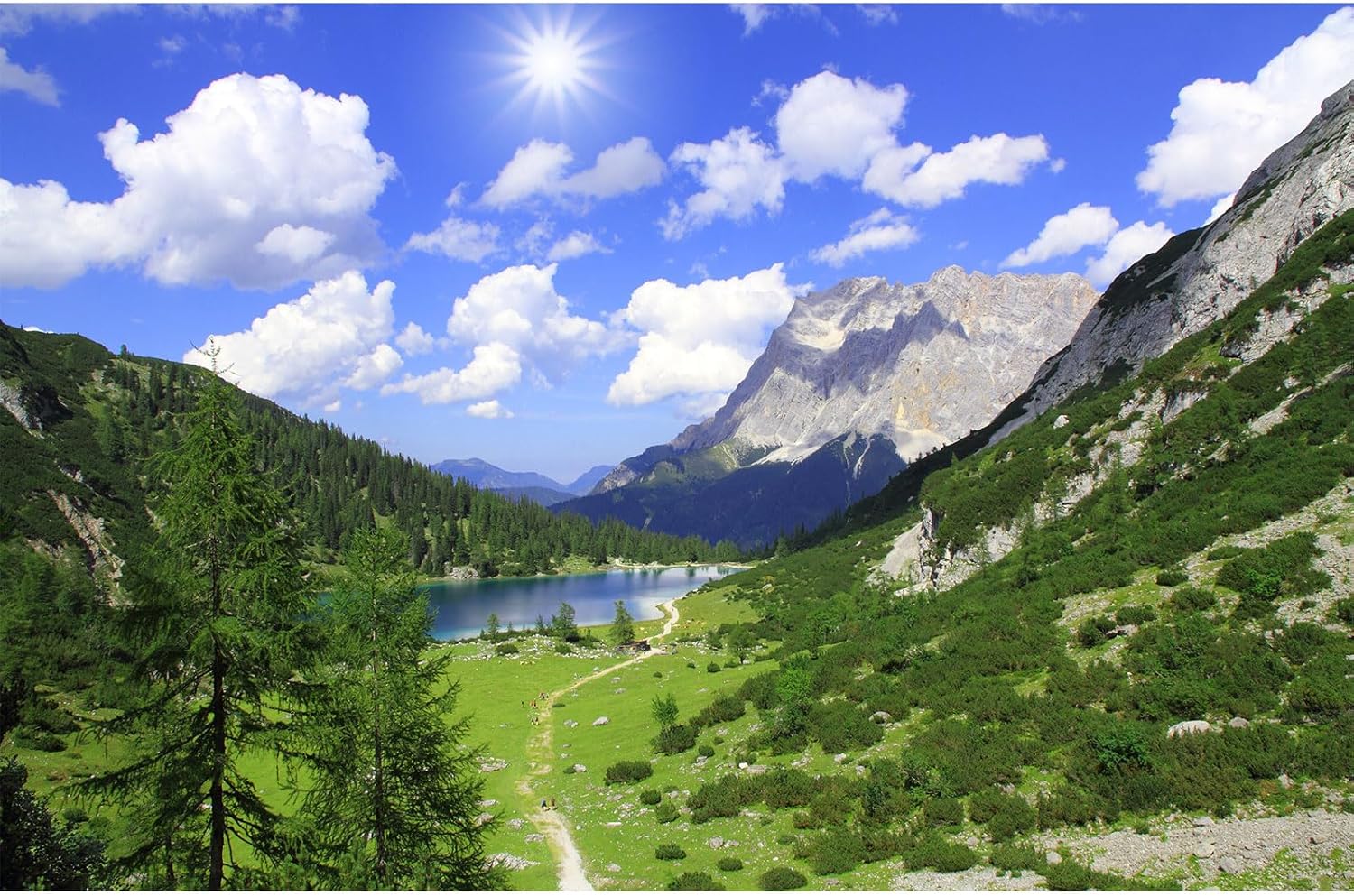 Mountains Aquarium Background Green Gobi Plants Pine Tree Terrarium Background Tranquil Lake Blue Sky Sunbeam with Cloud Fish Tank Background Mountain Theme Reptile Habitat Background 30x18in