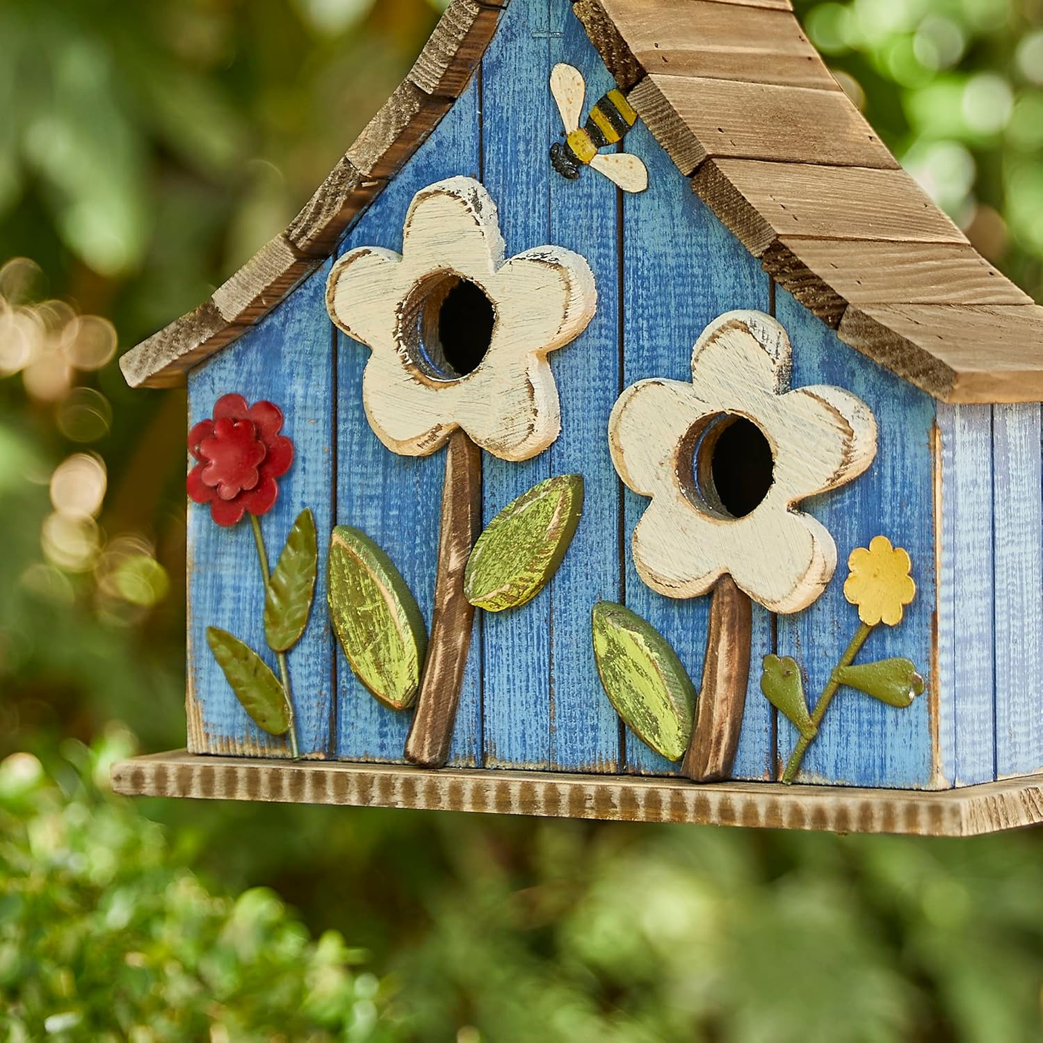 Glitzhome Hanging Birdhouses for Outdoors, 10.75" L Distressed Solid Wood Birdhouse with 3D Flowers Rustic Hand-Painted Bird Houses for Outside