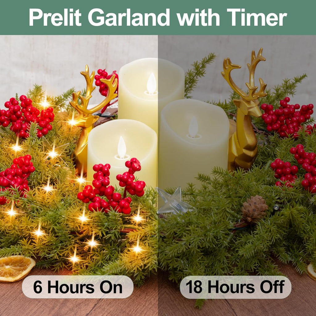 6.5FT Christmas Garland with Star Lights,Prelit Christmas Decorations,Lighted Garland with Battery Operated, Realistic Small Thorny Pine Greenery Home Decor for Mantle Fireplace Table Indoor Outdoor