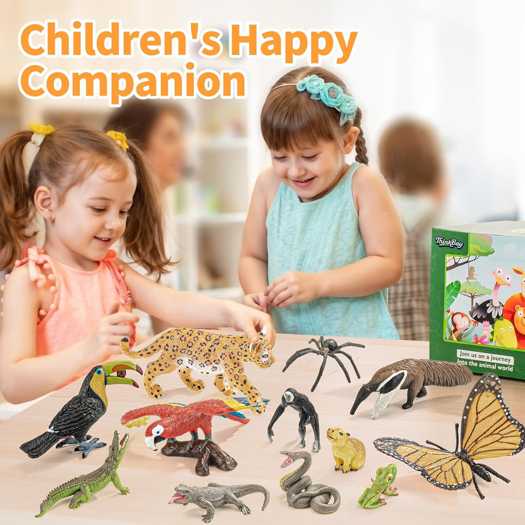 12PCS Realistic Rainforest Animal Figurines Toys, Idea for Rainforest Diorama Supplies Party Favor, Jungle Animals Figures Toys with Trees for Toddlers Kids Boys Girls