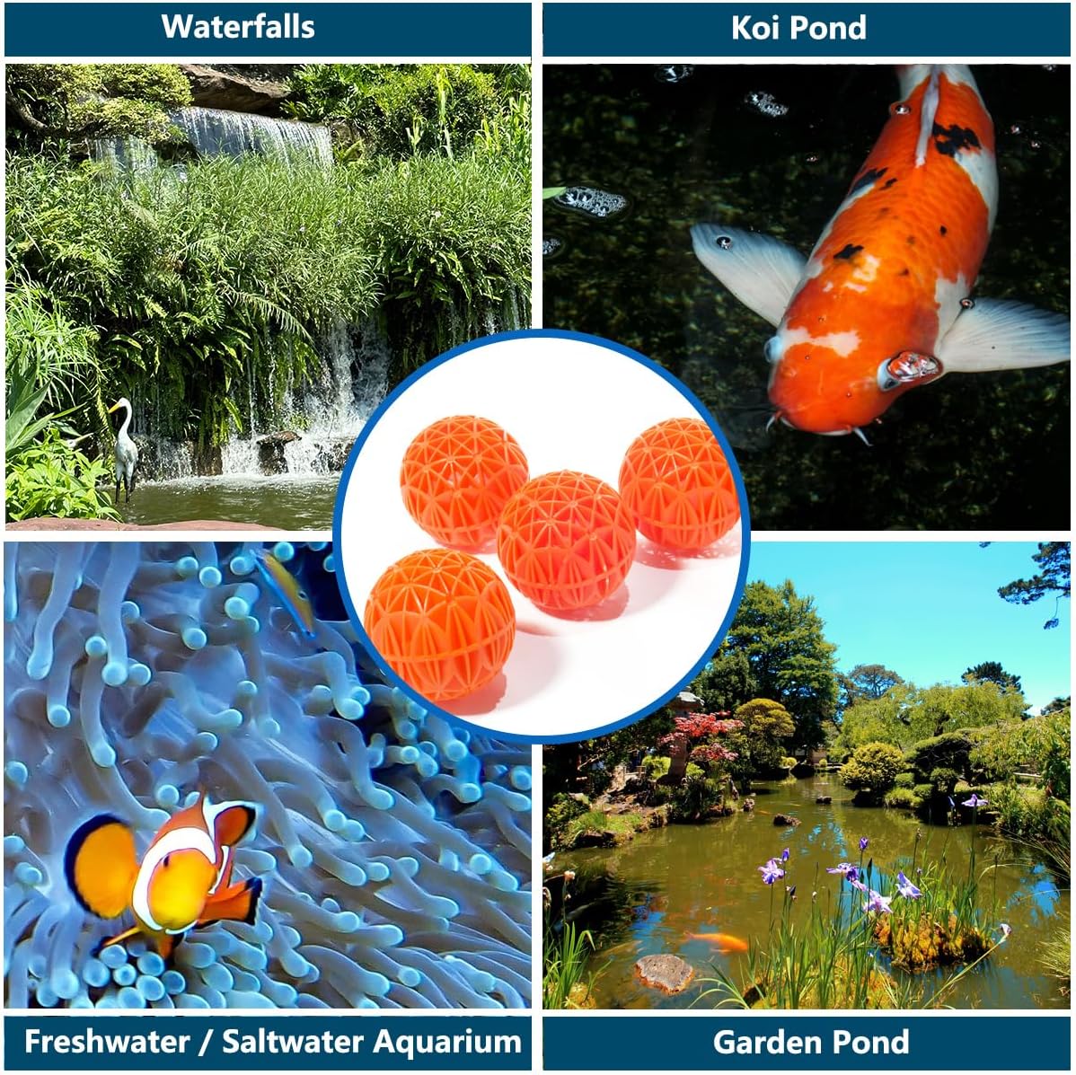 RINOO 10 Count 3 Inch Large Bio Balls Filter Media - Durable Fish Pond Filter Media - Water Garden Aquariums Filter - Pond Media Filter Balls Bulk with 12" x 16" Mesh Bag