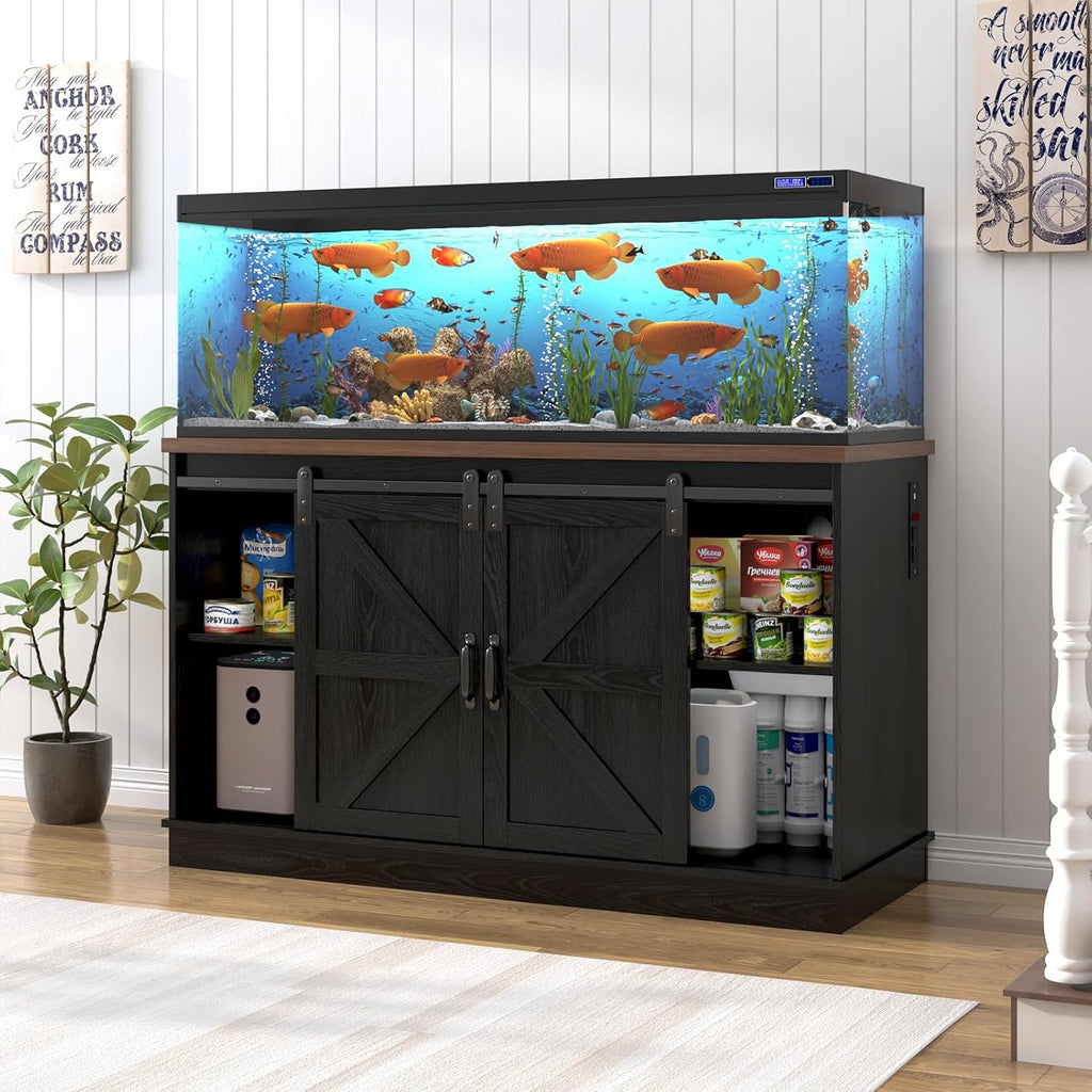 Farmhouse 55-75 Gallon Fish Tank Stand with Power Outlet, Aquarium Stand w/Cabinet&Sliding Barn Door, Heavy Duty Reptile Tank Stand for Fish/Turtle/Reptile Terrarium, 880LBS Capacity, Black
