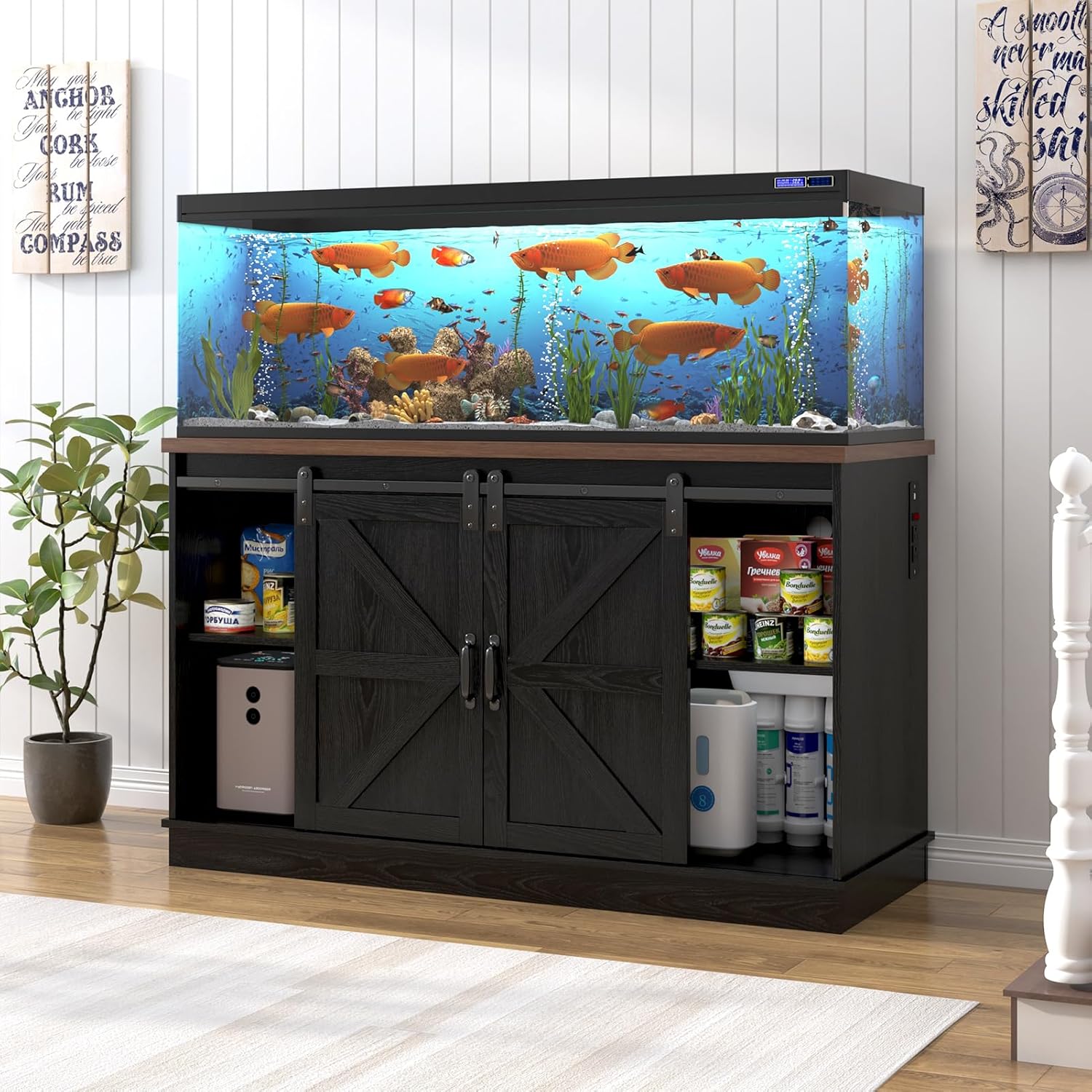 Farmhouse 55-75 Gallon Fish Tank Stand with Power Outlet, Aquarium Stand w/Cabinet&Sliding Barn Door, Heavy Duty Reptile Tank Stand for Fish/Turtle/Reptile Terrarium, 880LBS Capacity, Black