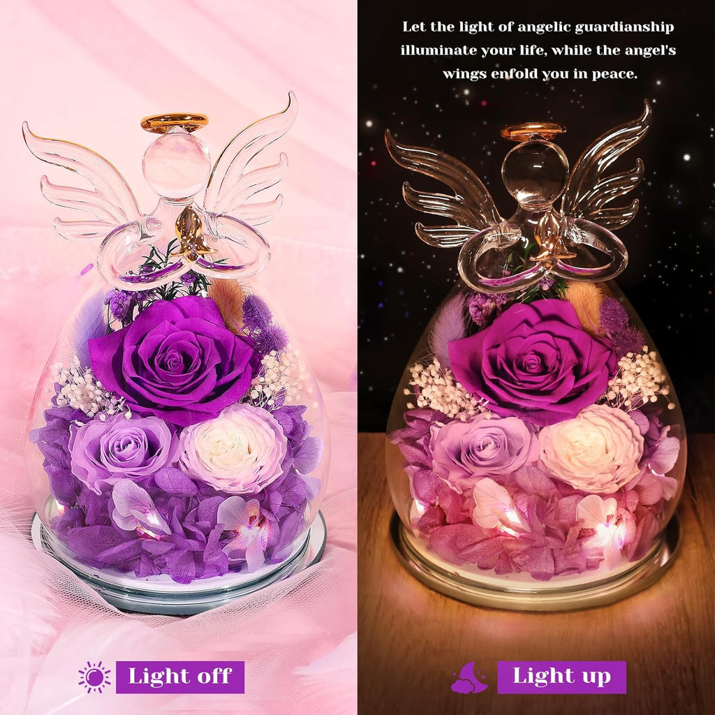 FIACO Gifts for Women Birthday Gifts for Mom Preserved Rose Forever Flower in Glass Angel Figurines Fresh Flowers for Delivery Prime Real Purple Roses for Grandma Sister Wife Her from Daughter