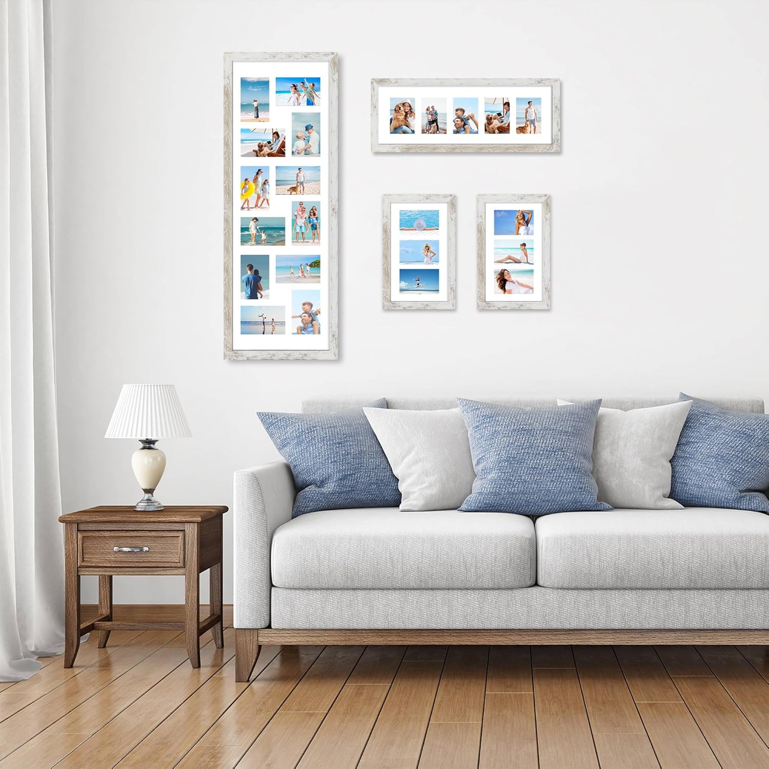 8x14 Picture Frame Set of 2, Distressed White Wood Frame with Glass Collage Frame, Display Pictures 3-4x6 With Mat or 8 x 14 Without Mat - Horizontal or Vertical Wall Mounting