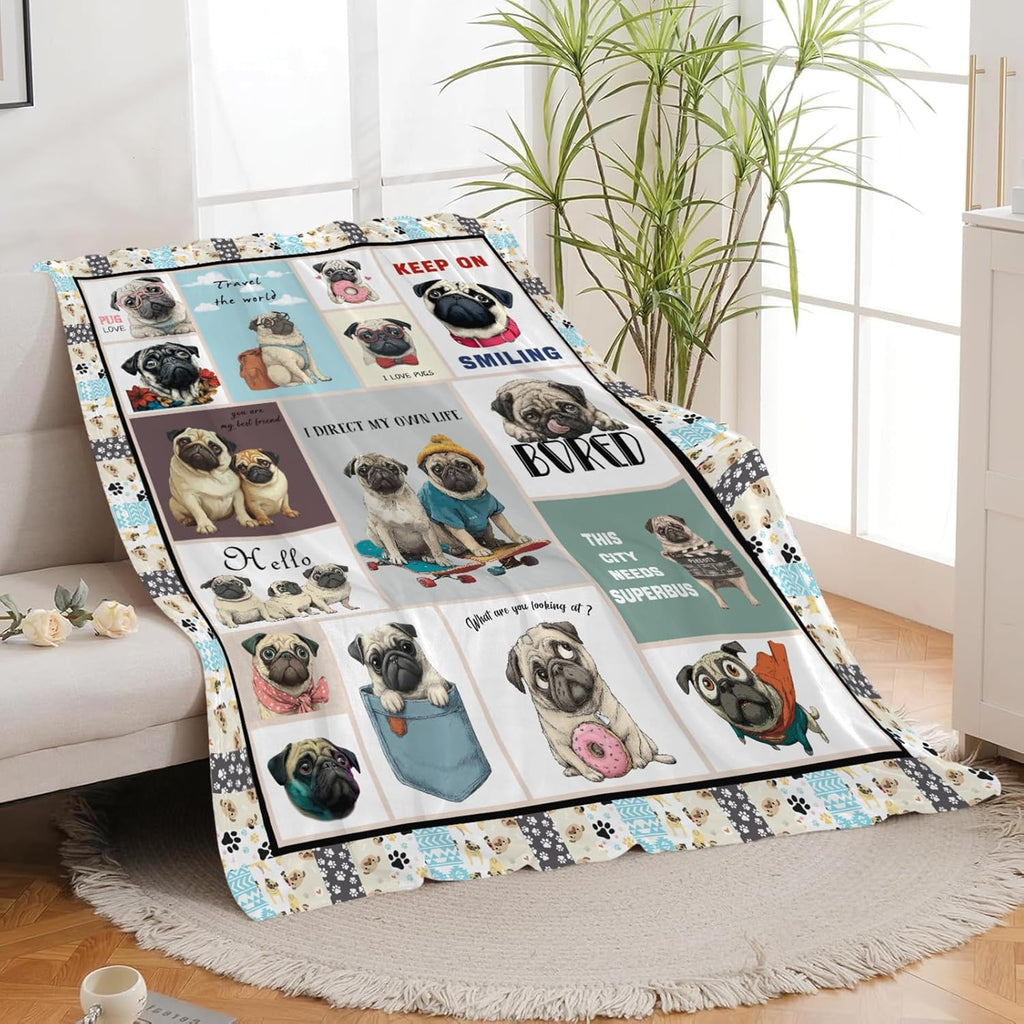 Pug Throw Blanket Pug Puppy Stuff Gifts for Dog Lover Kids Girls Boys Adults Women Men Soft Cozy Warm Plush Fluffy Fuzzy Fleece Blanket Decor 50''X60''