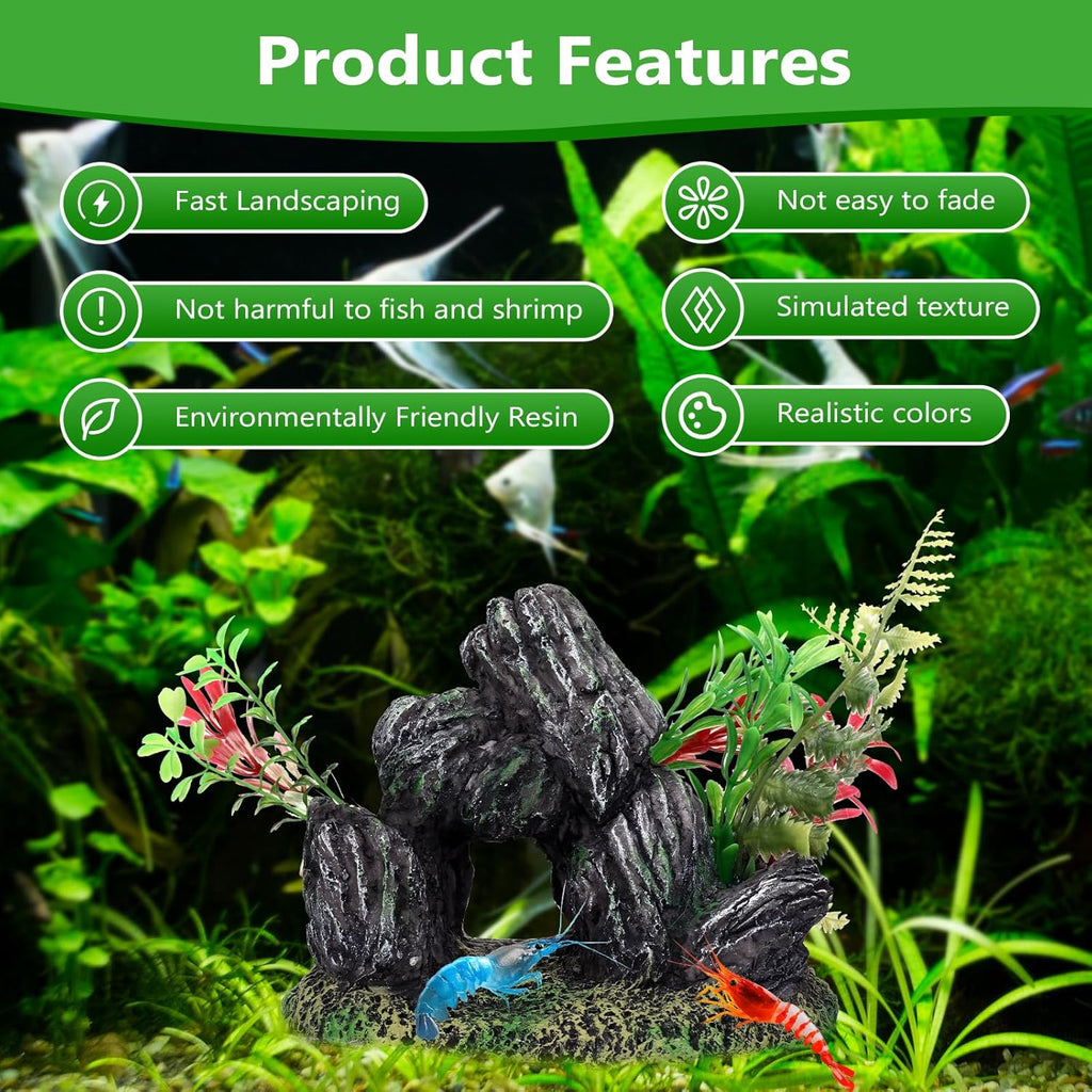 Stone with Plants Aquarium Decoration Resin-Artificial Rock & Greenery Ornament with Large Swim-Through Holes-Approx. 6.9" L x 5.1" W x 5.1" H(Stone&Plants)