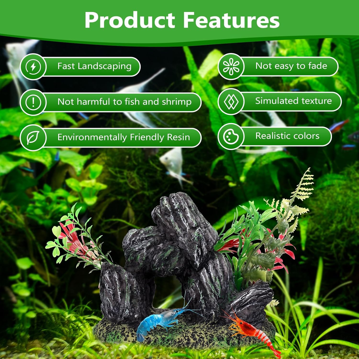 Stone with Plants Aquarium Decoration Resin-Artificial Rock & Greenery Ornament with Large Swim-Through Holes-Approx. 6.9" L x 5.1" W x 5.1" H(Stone&Plants)