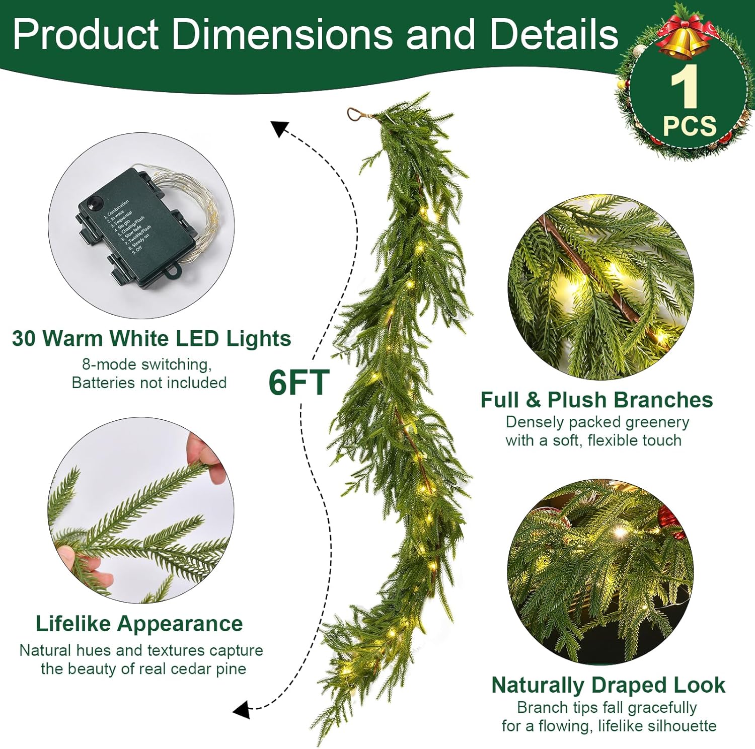 6FT 1Pack Real Touch Christmas Norfolk Pine Garland, Artificial Christmas Garland with Lights, Faux Greenery Garland for Fireplace Mantle Table Wall Stair Indoor Outdoor Holiday Xmas Decor