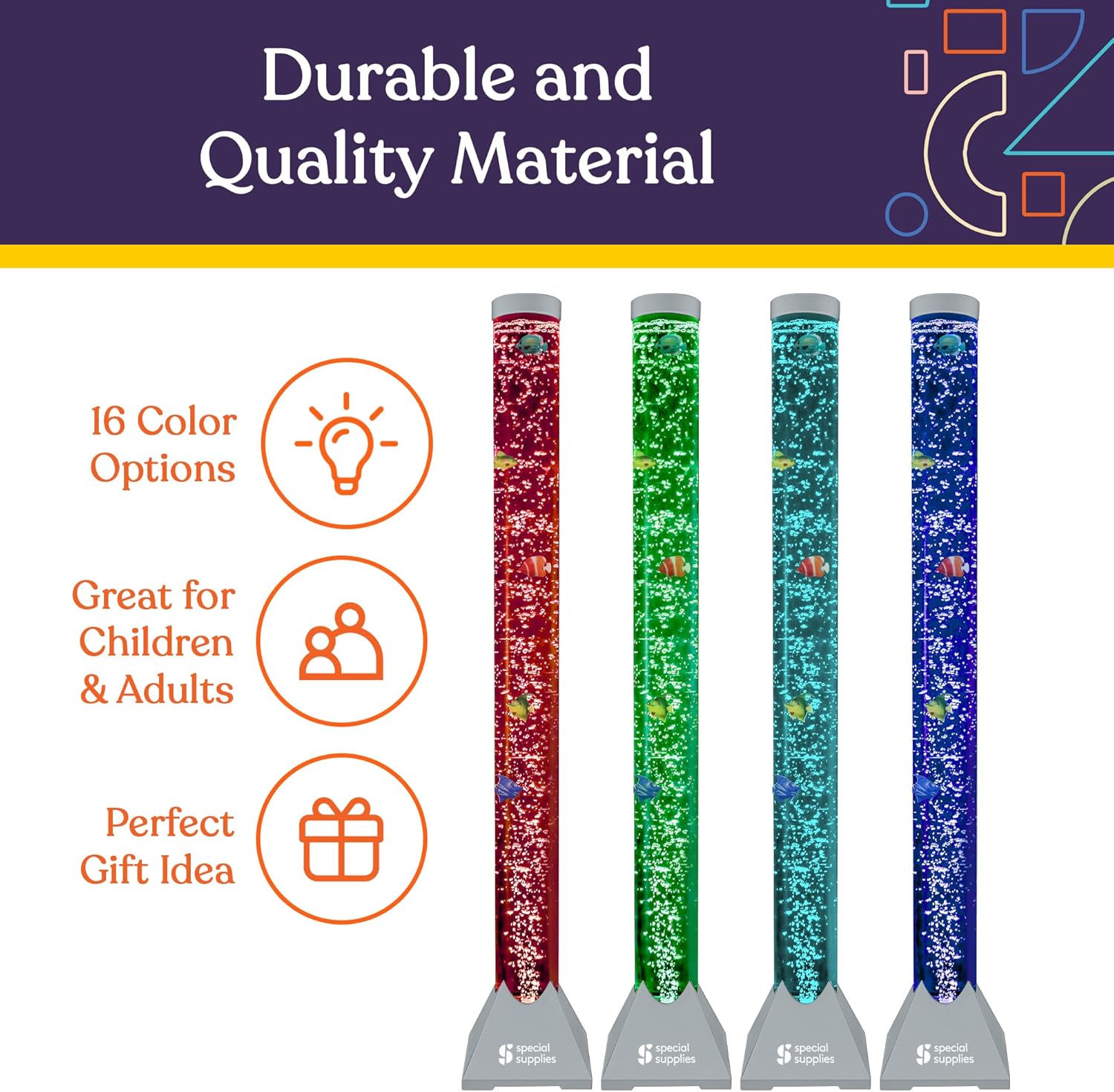 Special Supplies Aquarium Sensory Fish Bubble Light Tube with 16 LED Color Changing Nightlight Effect, Remote Control, and 8 Fishes, Colorful Floor Standing Lamp for Kids and Adults (4 feet)