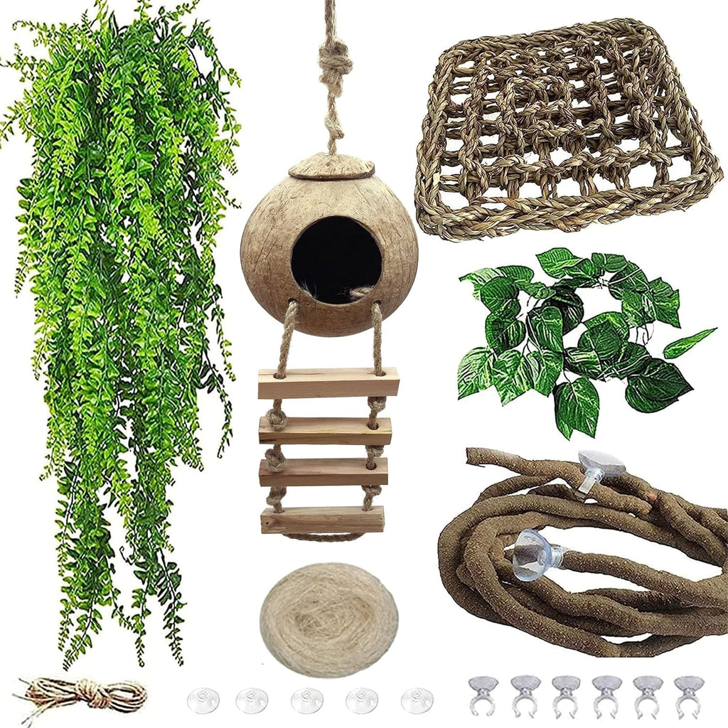 Crested Gecko Tank Accessories,Gecko Coconut Hut Hideout with Ladder Reptile Hammock Lizards Hanging Plants Flexible Climbing Jungle Vine Leaves Terrarium Decor