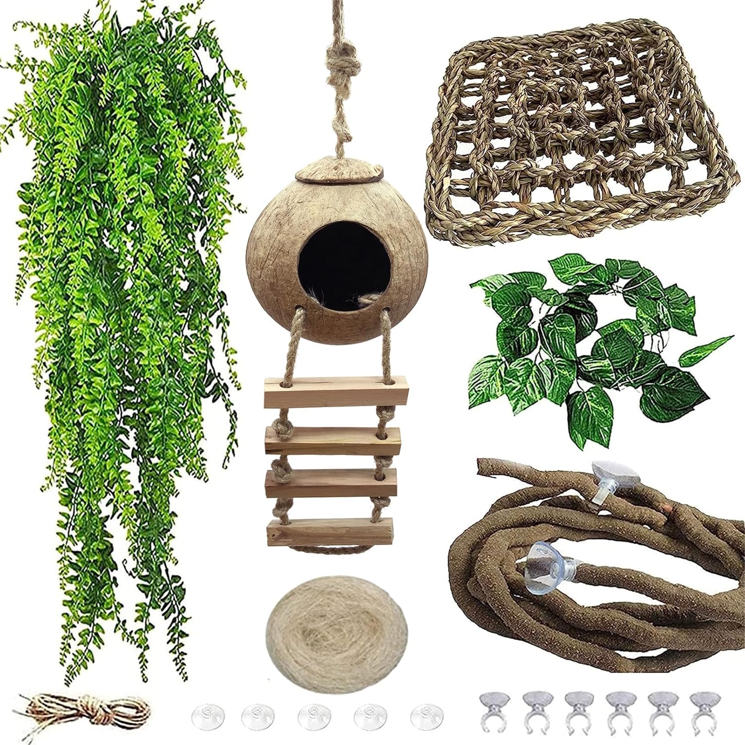 Crested Gecko Tank Accessories,Gecko Coconut Hut Hideout with Ladder Reptile Hammock Lizards Hanging Plants Flexible Climbing Jungle Vine Leaves Terrarium Decor