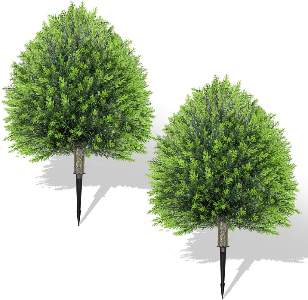 25.6" Artificial Cedar Topiary Ball Plants: Set of 2 Faux Cypress Bushes with Spike – UV Resistant & Fade Resistant Artificial Shrubs, Fake Evergreen Trees for Outdoor Indoor Front Porch Garden