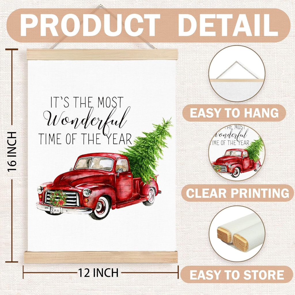 FDHSPAAM Red Truck Christmas Wall Art Decor, Retro Christmas Decor, Holiday Old Truck Xmas Tree Wreath Wall Art Posters for Home Bedroom Living Room, 12x16 Inch