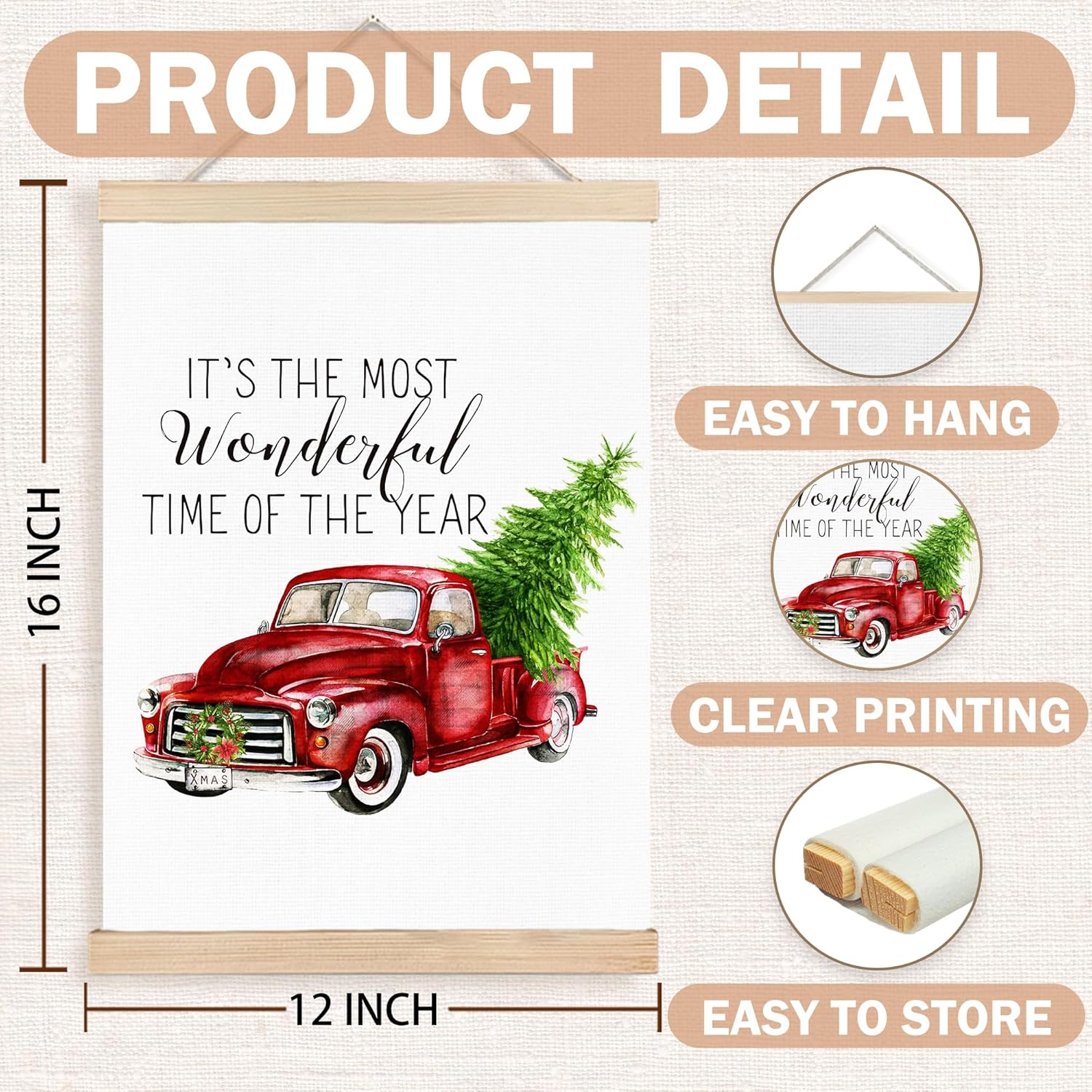 FDHSPAAM Red Truck Christmas Wall Art Decor, Retro Christmas Decor, Holiday Old Truck Xmas Tree Wreath Wall Art Posters for Home Bedroom Living Room, 12x16 Inch