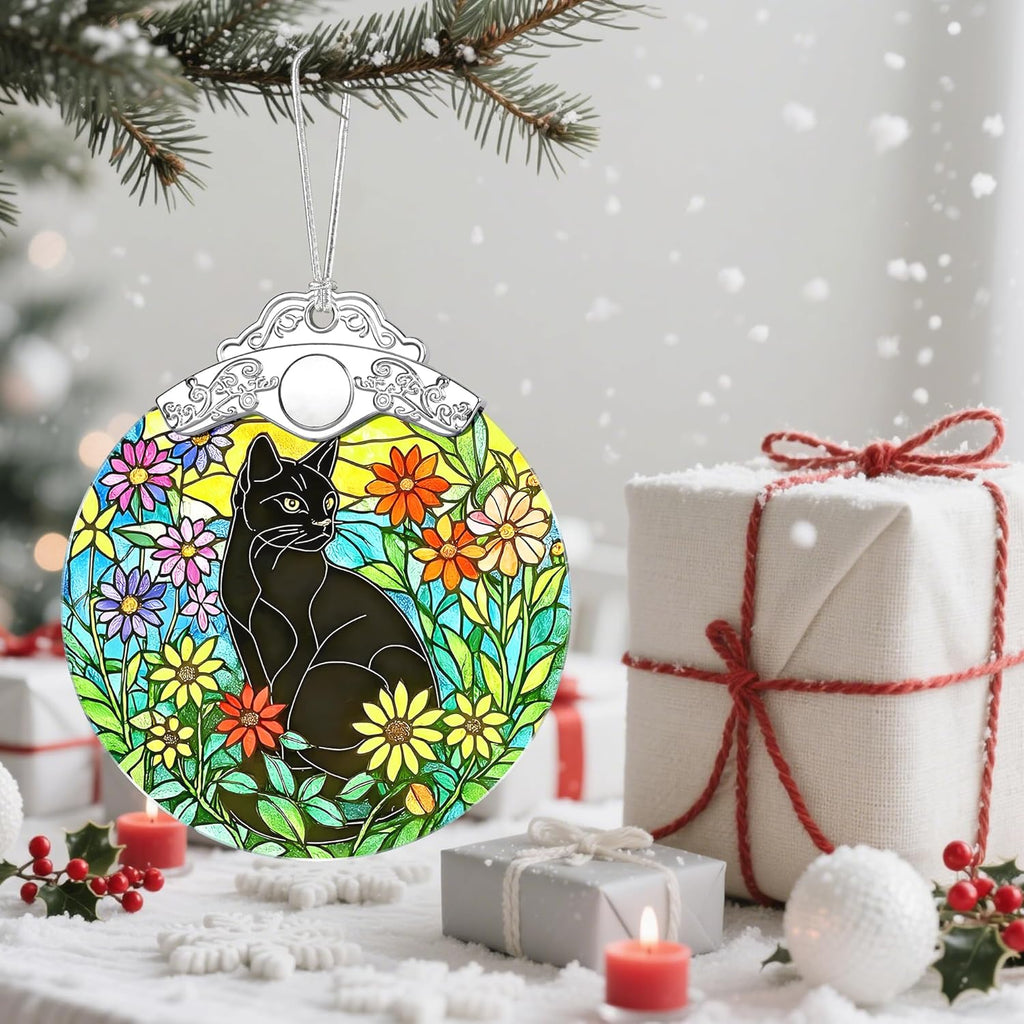 Christmas Ornament, Christmas Tree Ornaments, Keepsake Ornaments, Holiday Decor, Holiday & Xmas Gifts, Gifts for Cat Lovers & Flower Lovers - Black Cat-Theme